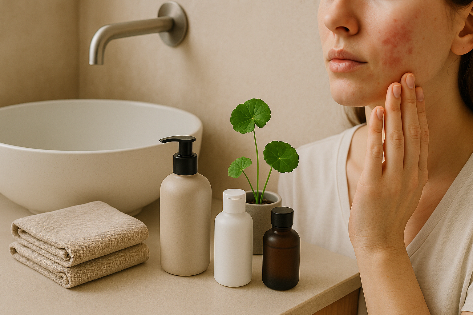 alt_text : Salle de bain moderne, flacons design, serviettes en lin beige, vasque avec Centella, lumière douce.