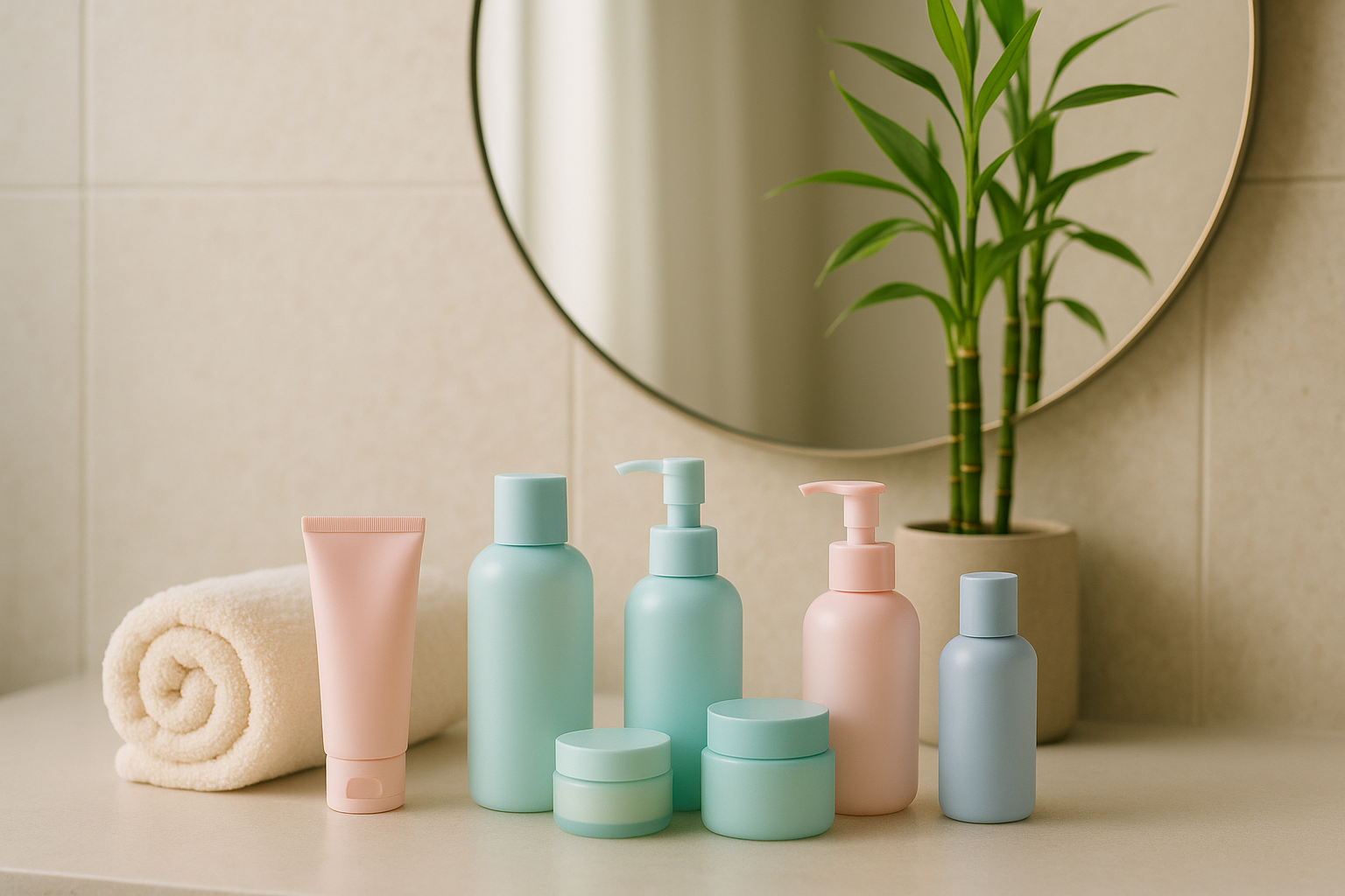 Salle de bain moderne avec skincare pastel, serviette roulée, miroir, bambou; ambiance éclatante.
