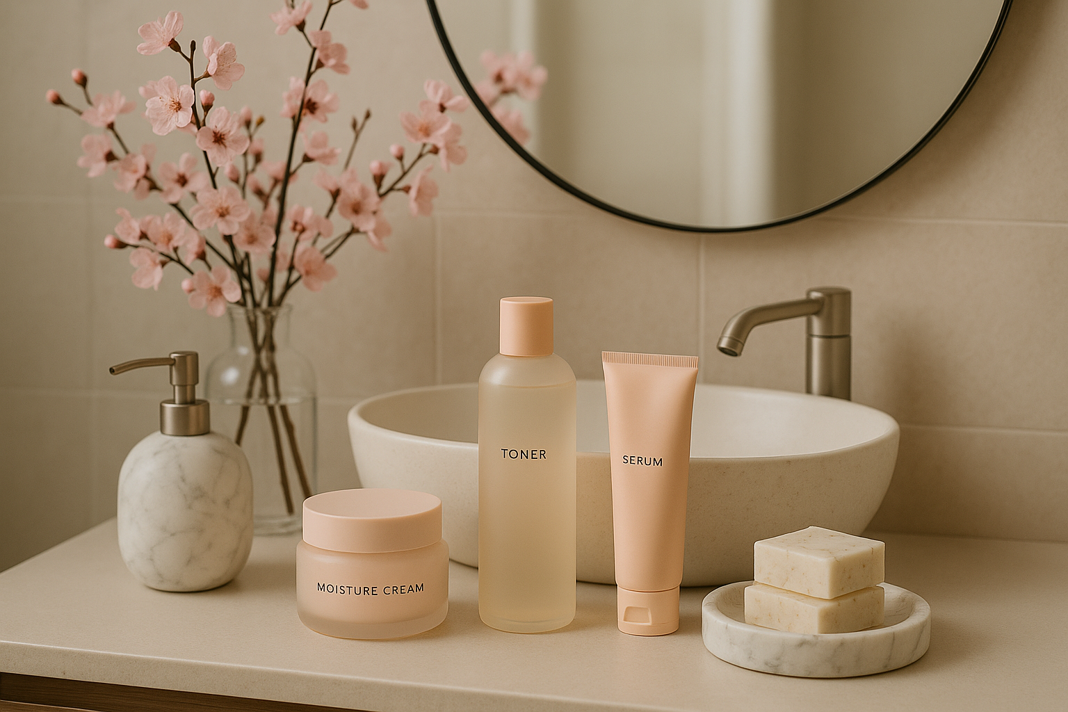 alt_text : Salle de bain moderne et élégante avec soins coréens, accessoires marbre, fleurs de cerisier et tons doux.