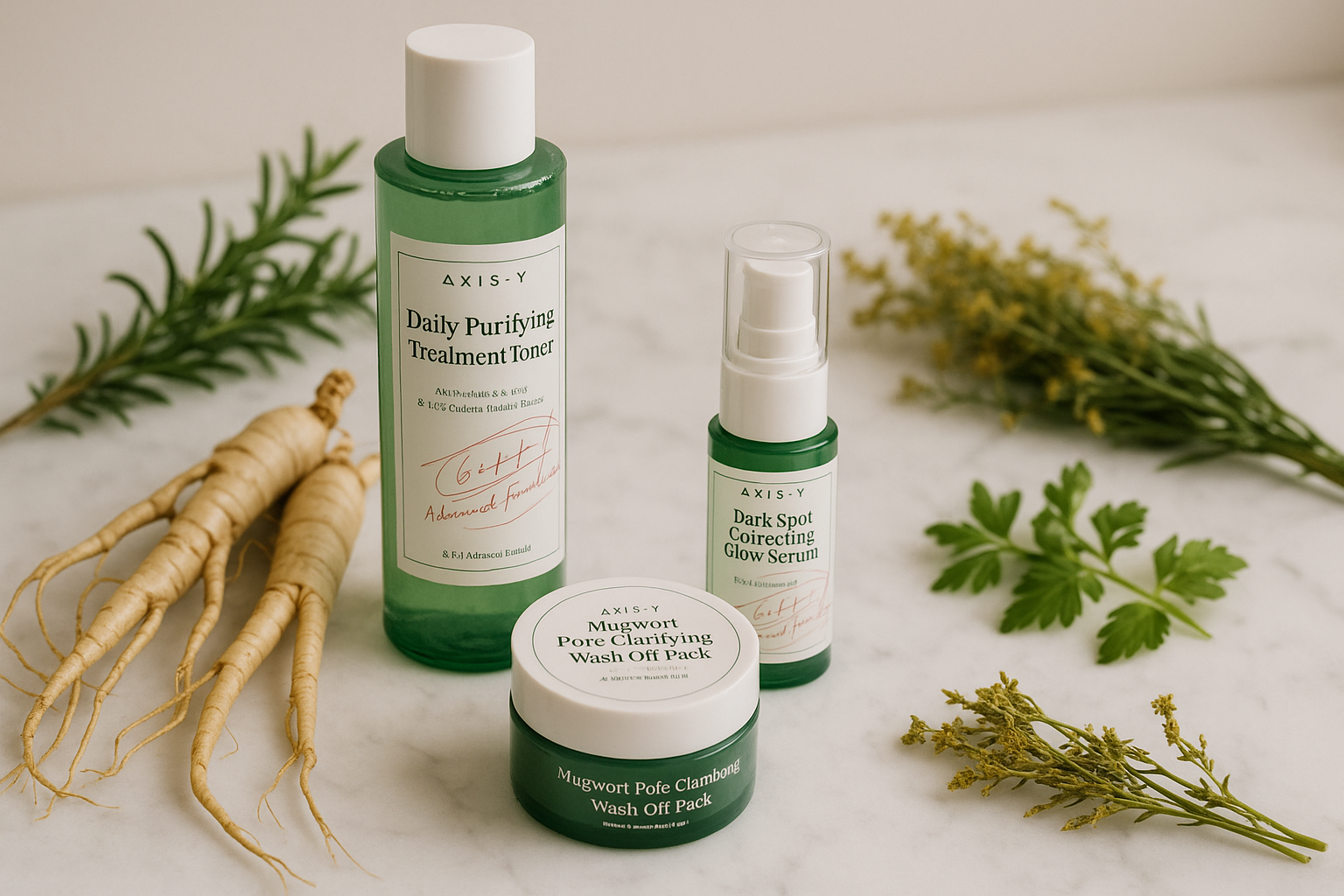 alt_text : Espace minimaliste avec produits Axis-y sur marbre blanc, racines de ginseng et plantes médicinales.