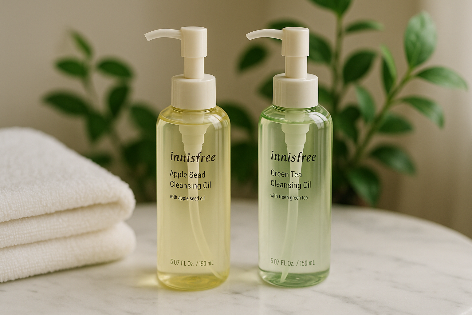alt_text : Huiles démaquillantes Innisfree sur marbre blanc avec serviettes et plantes, ambiance zen.