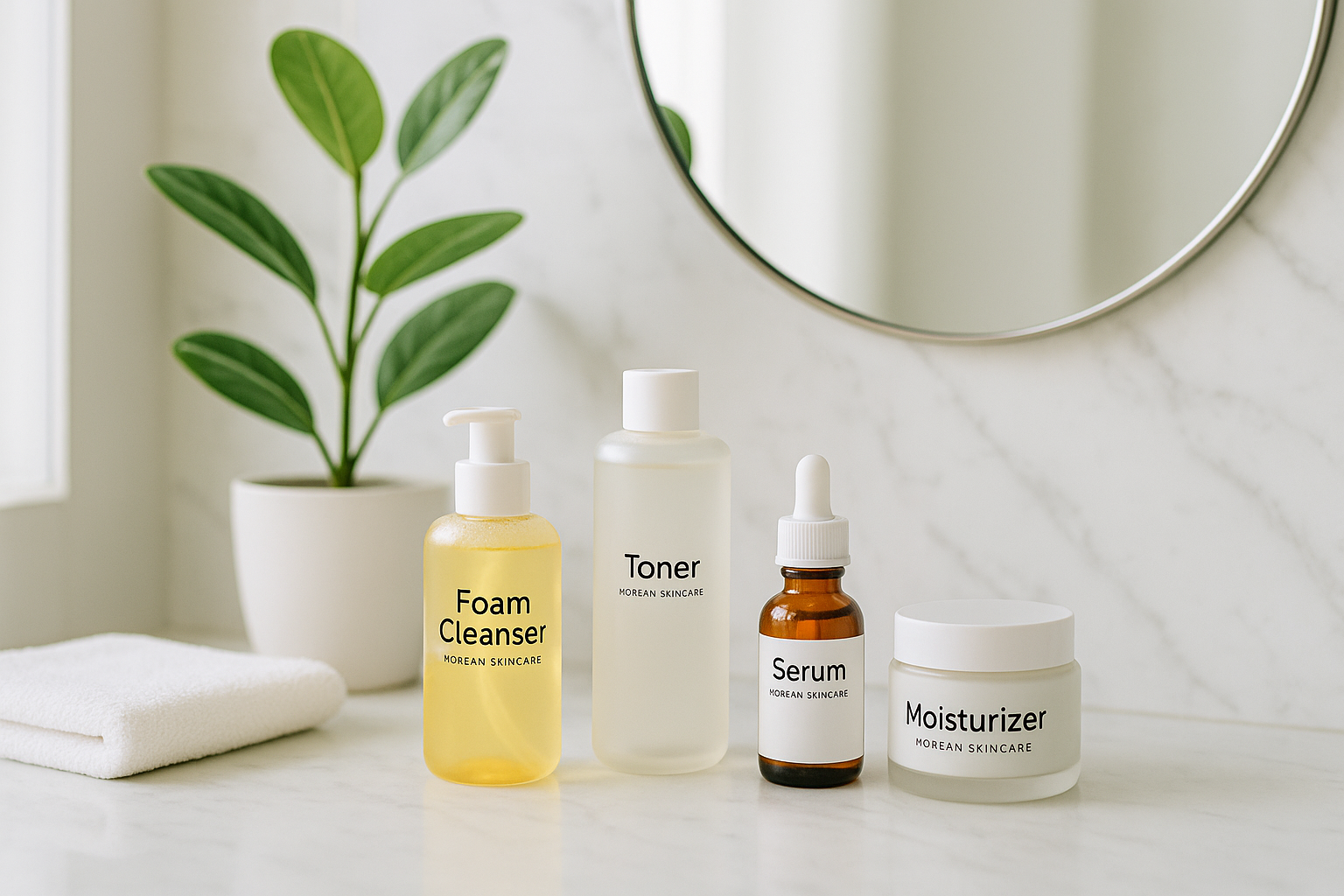 Salle de bains lumineuse avec produits de soin coréens, marbre blanc, miroir rond et plante verte.