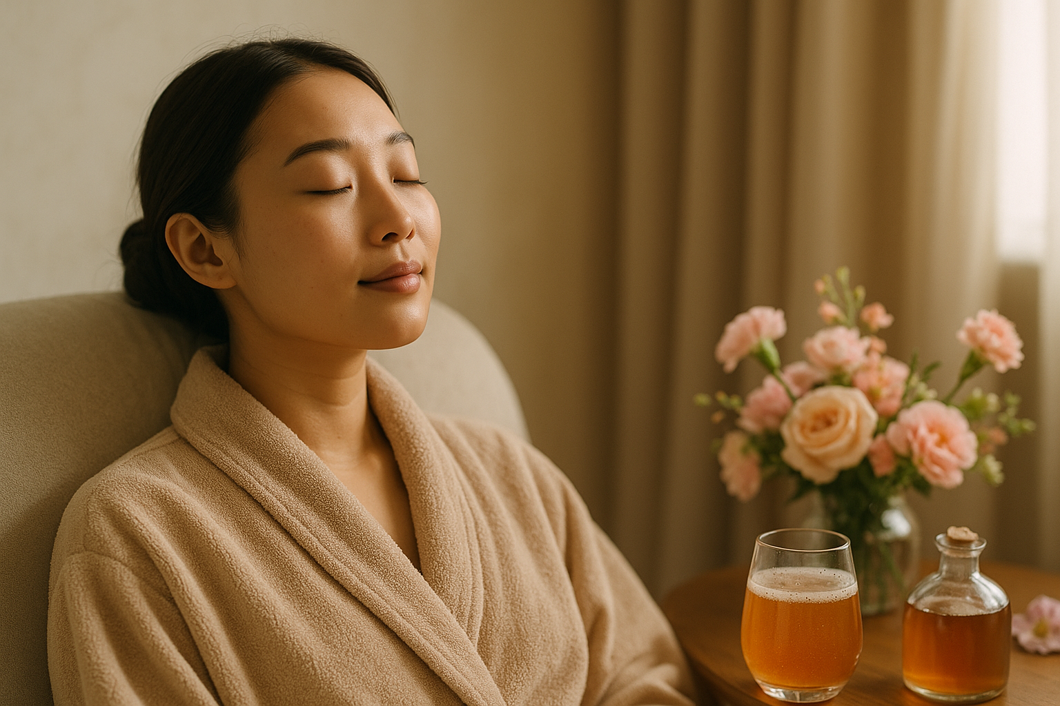 alt_text : Femme coréenne détendue au spa, lumière douce, soins fermentés, Kombucha, fleurs pastel, harmonie.