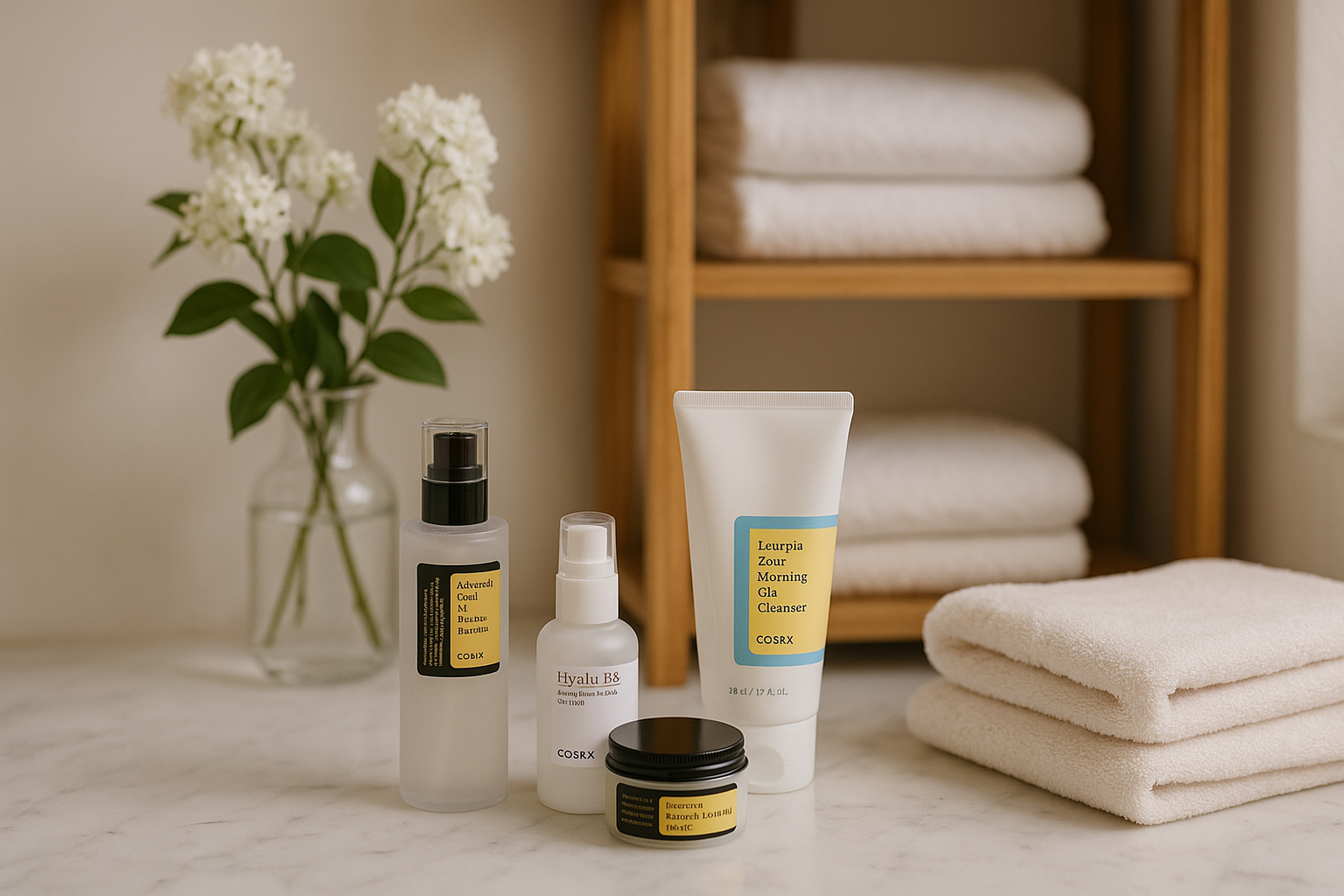 Dressing minimaliste en salle de bain, produits Cosrx sur marbre, serviettes, fleurs blanches.