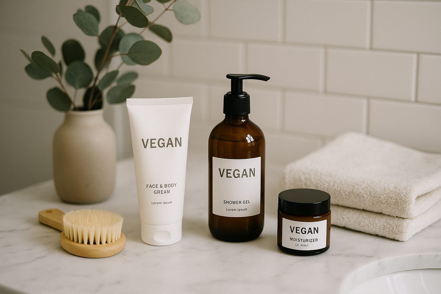 alt_text : Salle de bain moderne avec soins vegan sur marbre blanc, brosse, serviette et eucalyptus.