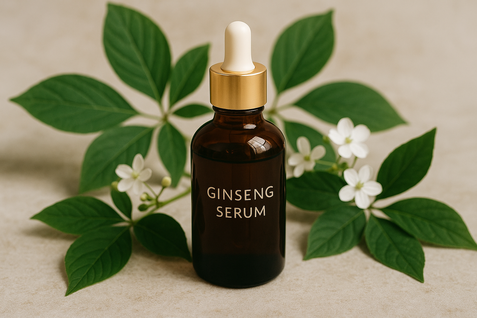 alt_text : Un sérum au ginseng entouré de feuilles et fleurs, évoque la pureté des soins coréens.