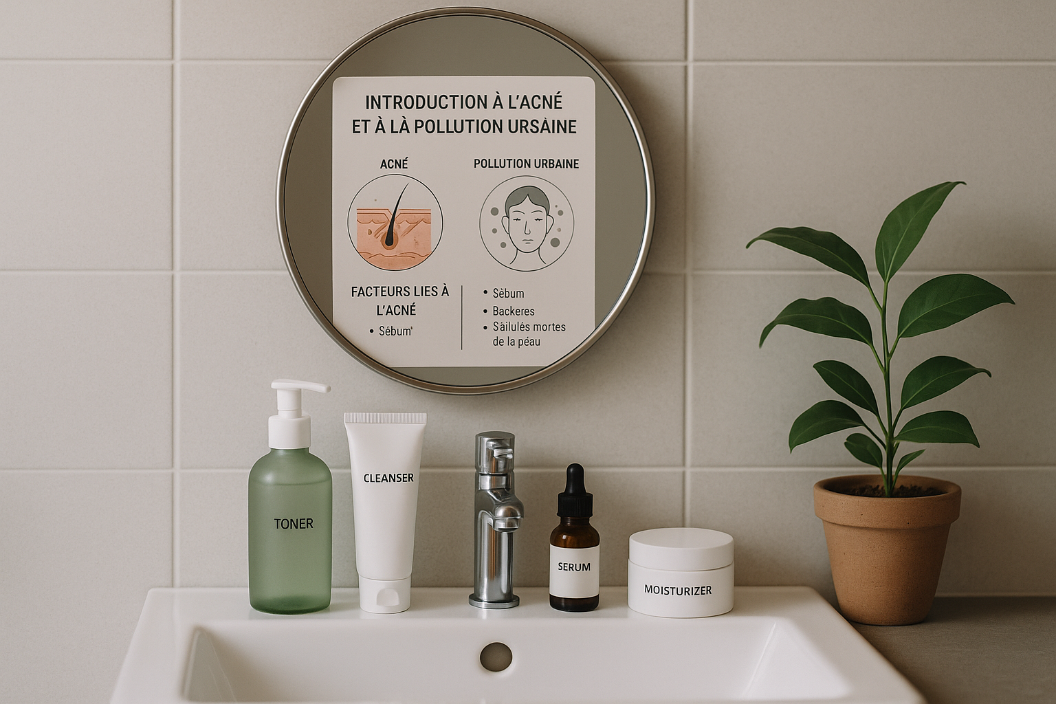 Salle de bain minimaliste avec produits de soin coréens, miroir éducatif et touche de verdure.