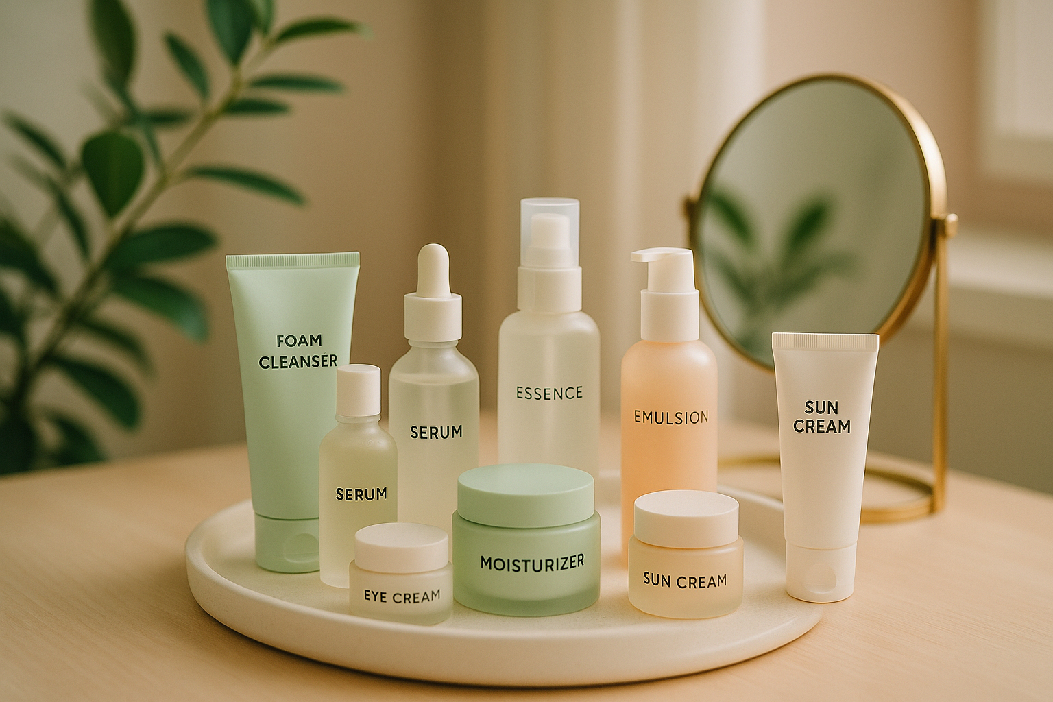 alt_text : Routine de skincare coréenne sur un plateau blanc, avec plantes, miroir et tons pastel apaisants.
