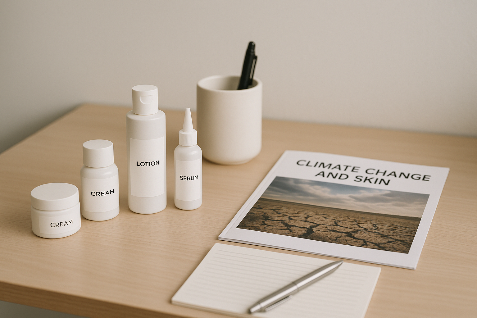 alt_text : Scène de bureau minimaliste avec produits de soin et brochures sur le changement climatique.