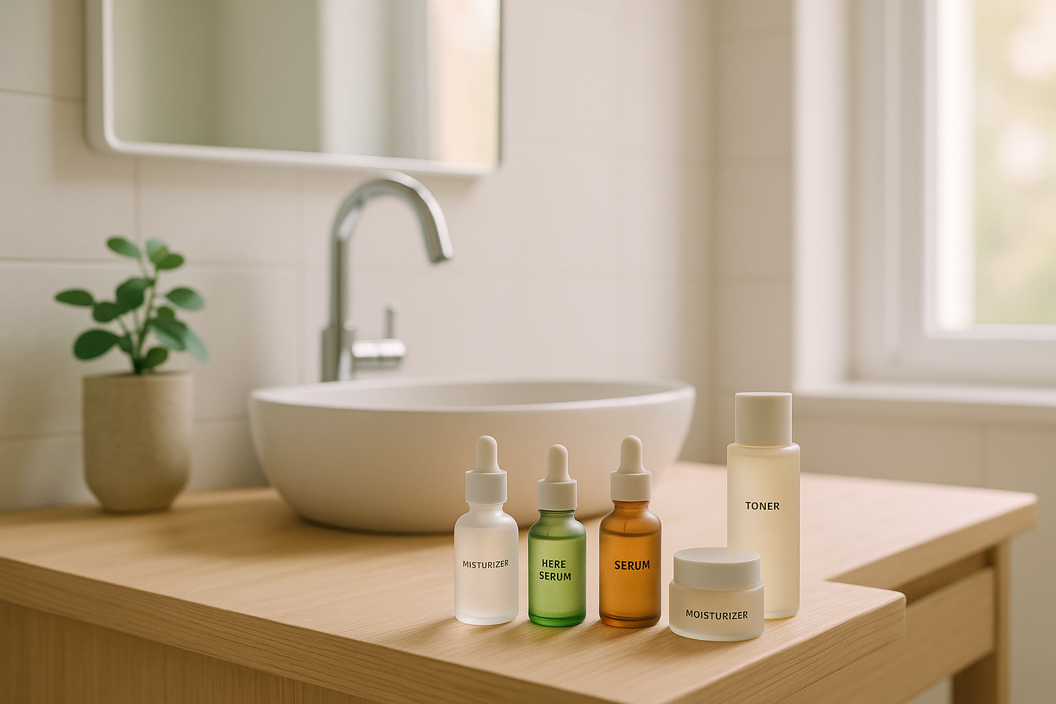 alt_text : Salle de bain moderne et lumineuse avec soins K-Beauty, sérums sur coiffeuse bois, tons doux.