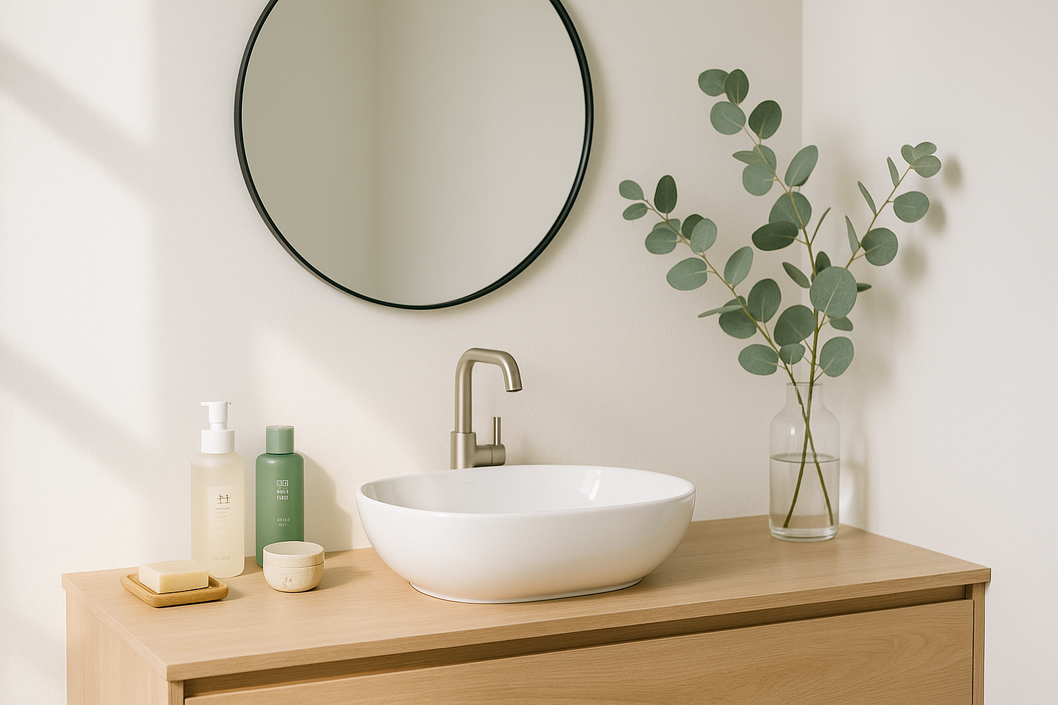 alt_text : Salle de bain lumineuse, minimaliste, avec soins coréens, eucalyptus et miroir rond apaisant.