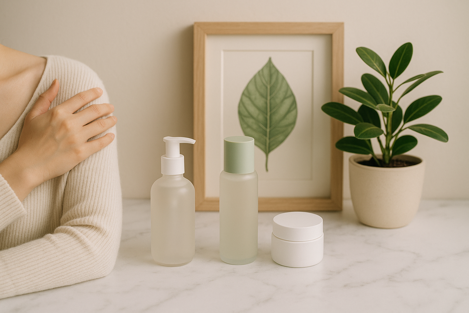 Scène épurée : soins coréens, nuances apaisantes, nature et bien-être sur bureau en marbre blanc.