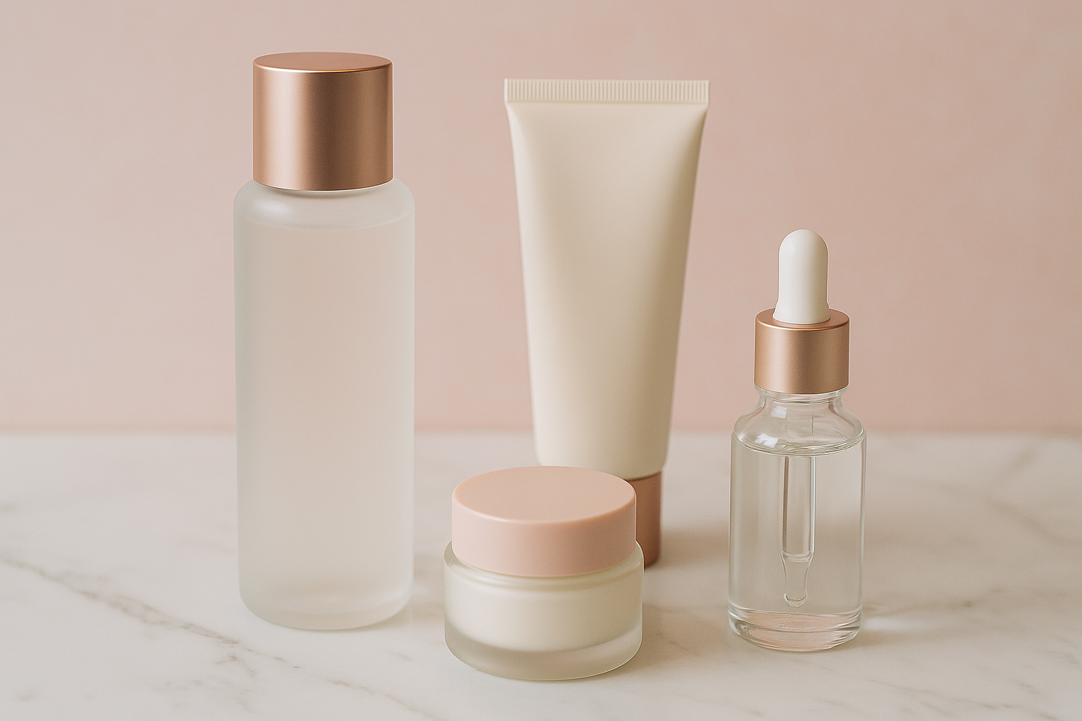 alt_text : Produits de soins coréens sur marbre blanc, décor minimaliste en rose, blanc cassé, et doré.