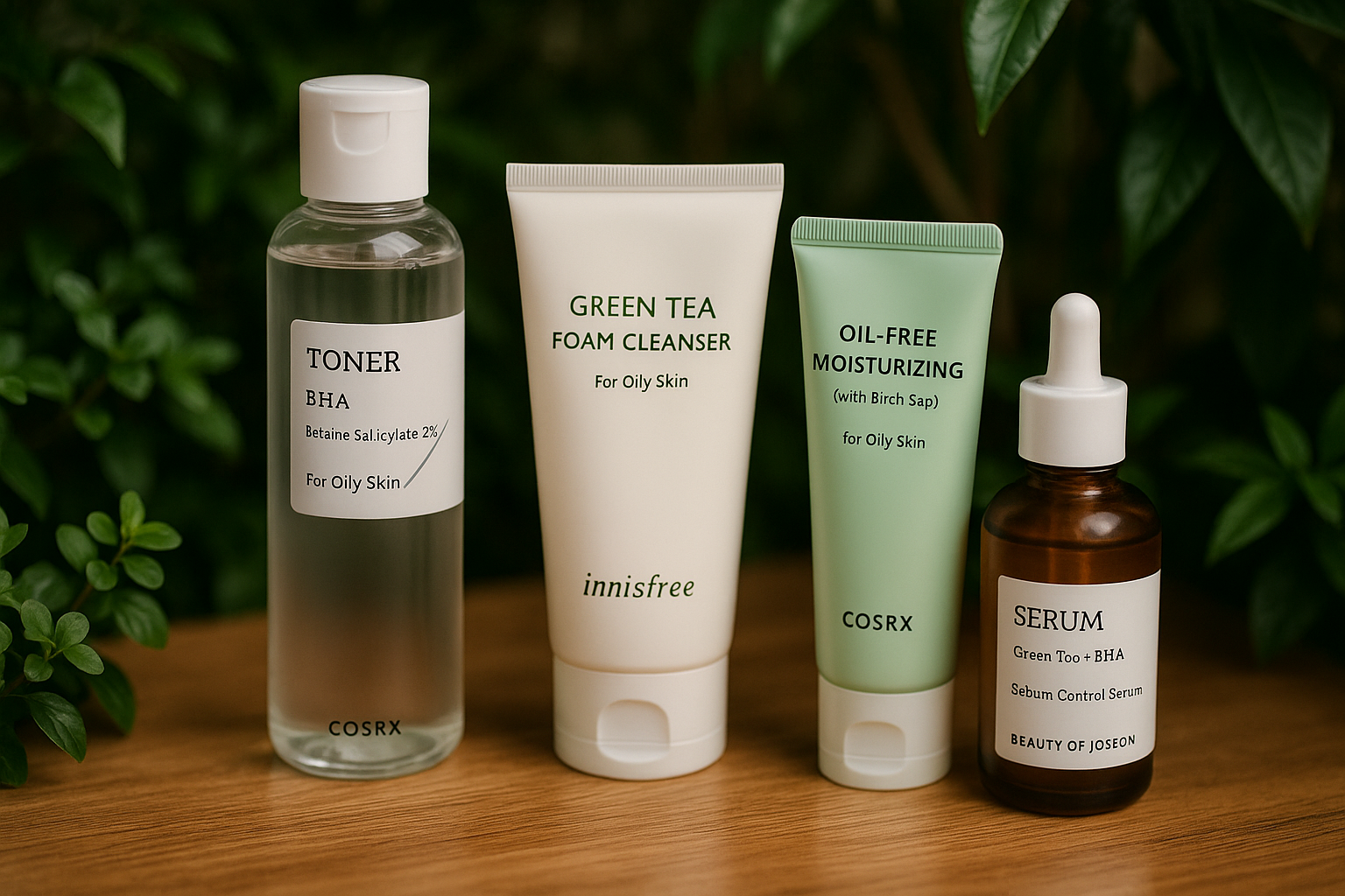 alt_text : Produits de soin coréens pour peaux grasses sur comptoir bois, entourés de plantes vertes.