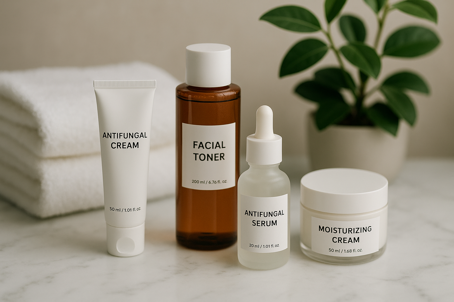 Scène minimaliste : produits K-Beauty sur une table en marbre avec serviettes blanches et plante verte.