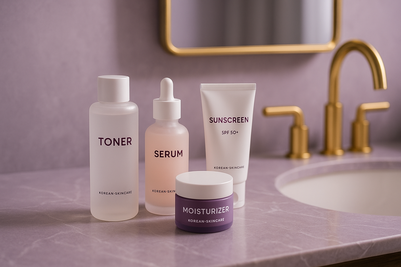 alt_text : Salle de bain moderne avec produits skincare coréens, tons lavande et doré, ambiance luxe et sérénité.