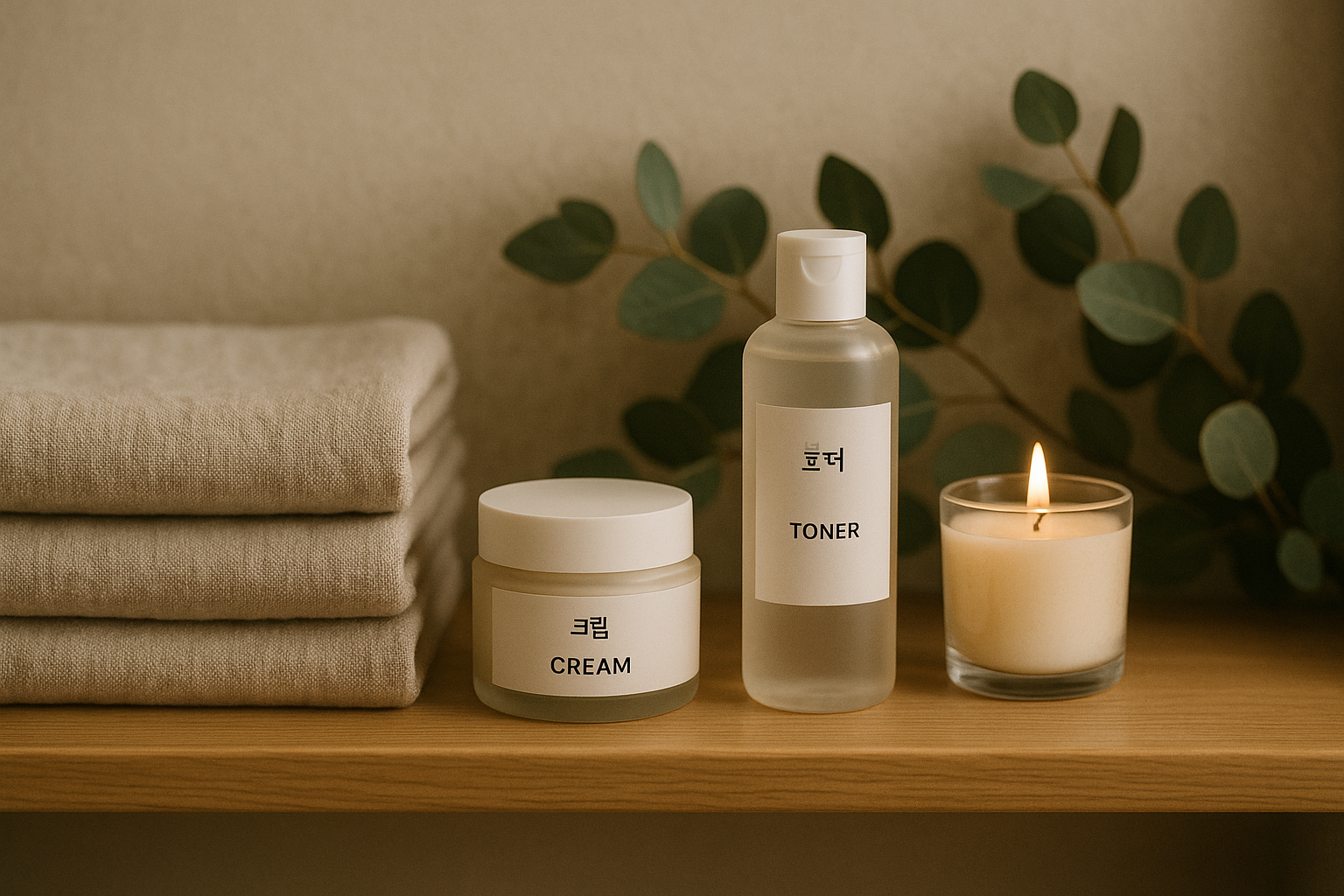 alt_text : Salle de bain zen : produits de soin coréens, serviettes en lin, bougie et eucalyptus sur étagère.