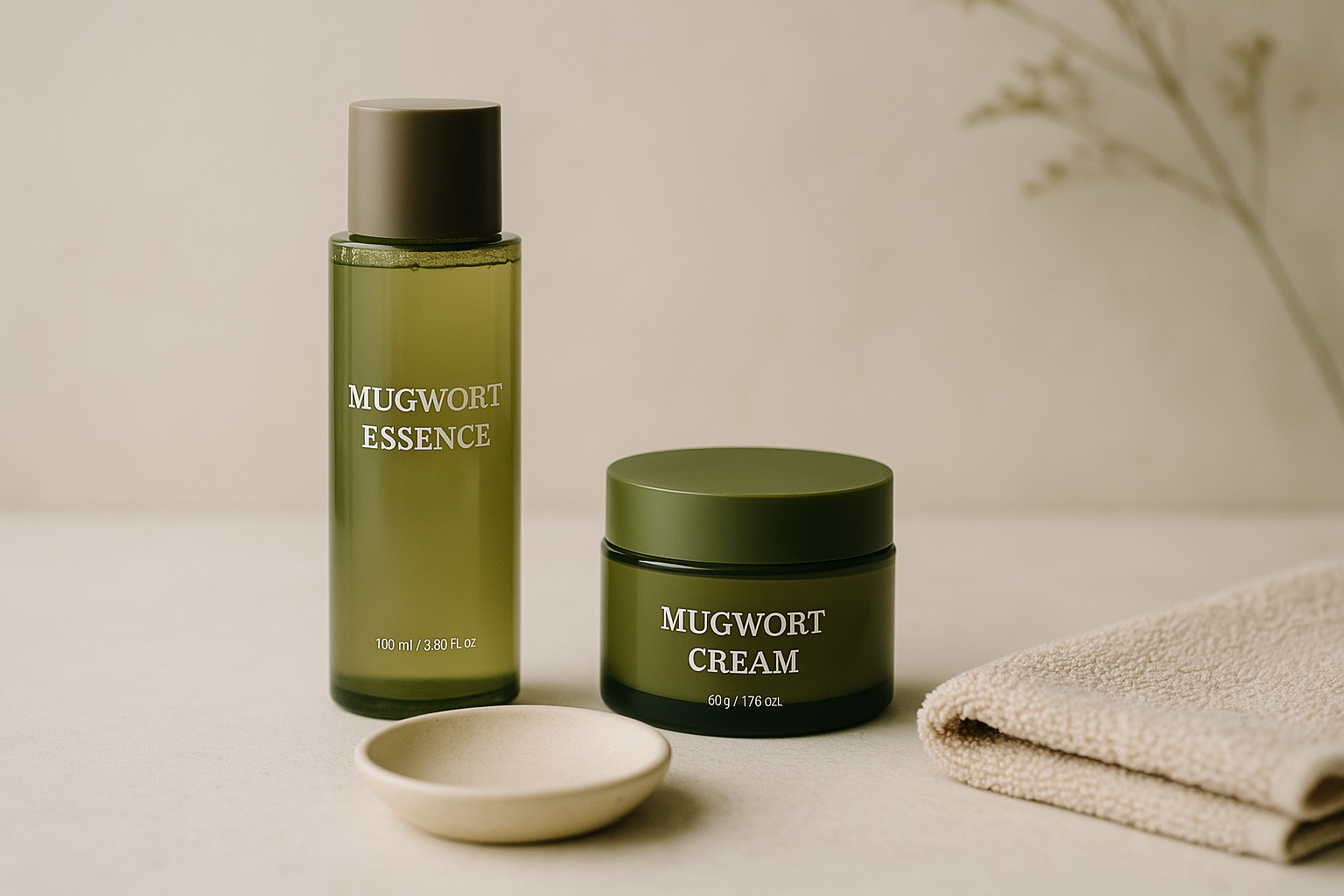 alt_text : Espace skincare minimaliste avec produits au mugwort, coupelle, serviette beige et décor apaisant.