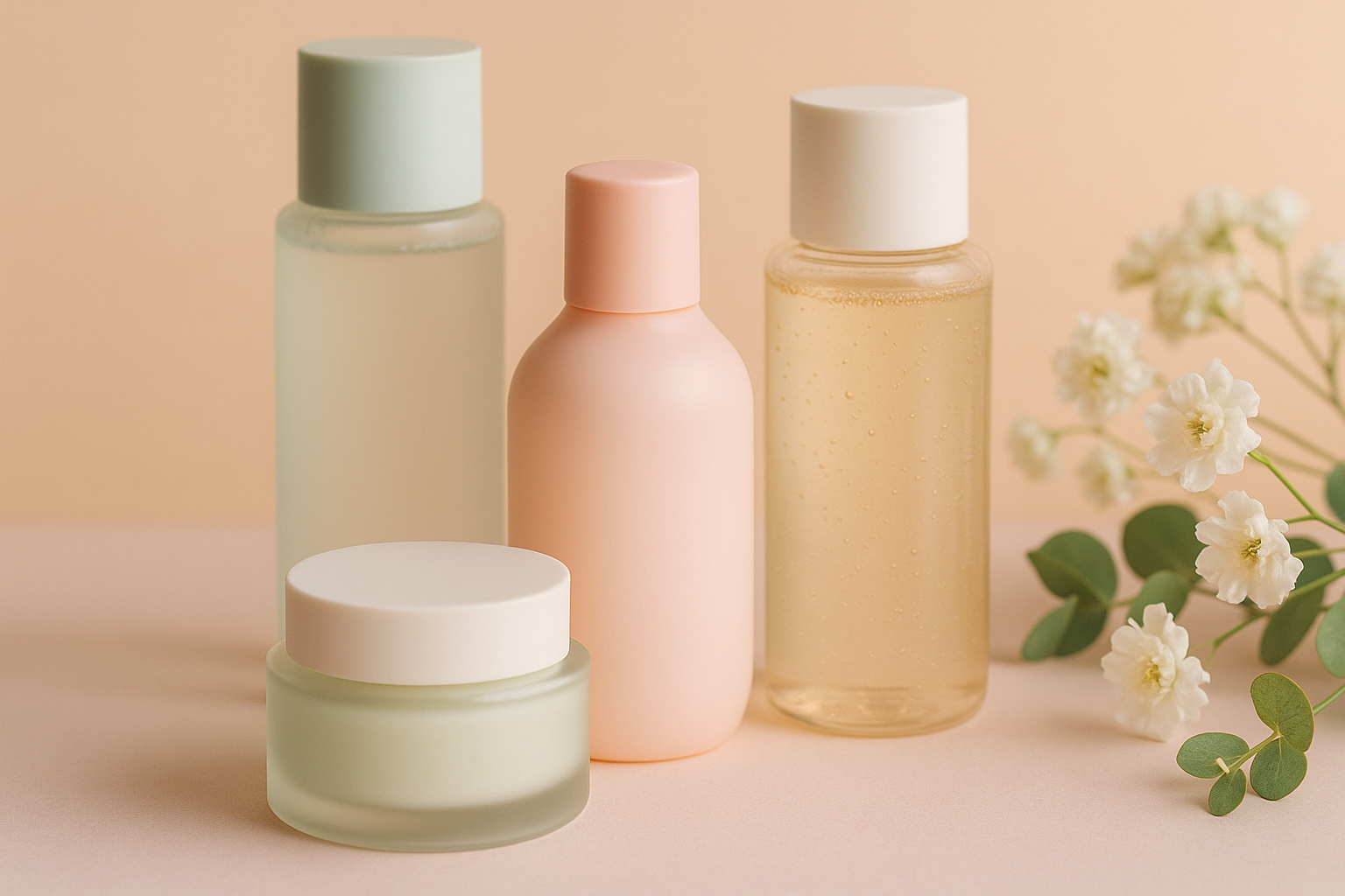 alt_text : Soins de la peau coréenne, flacons épurés, tons pastel, textures variées et détails floraux.