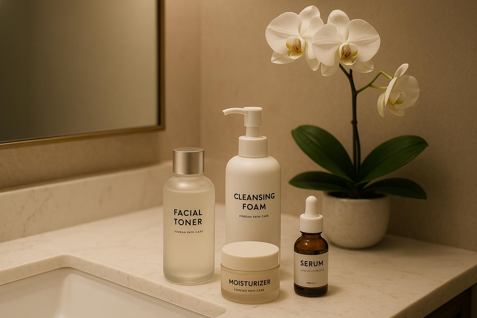 Salle de bain chic: soins coréens, quartz blanc, orchidée, éclairage doux; calme et luxe soignés.