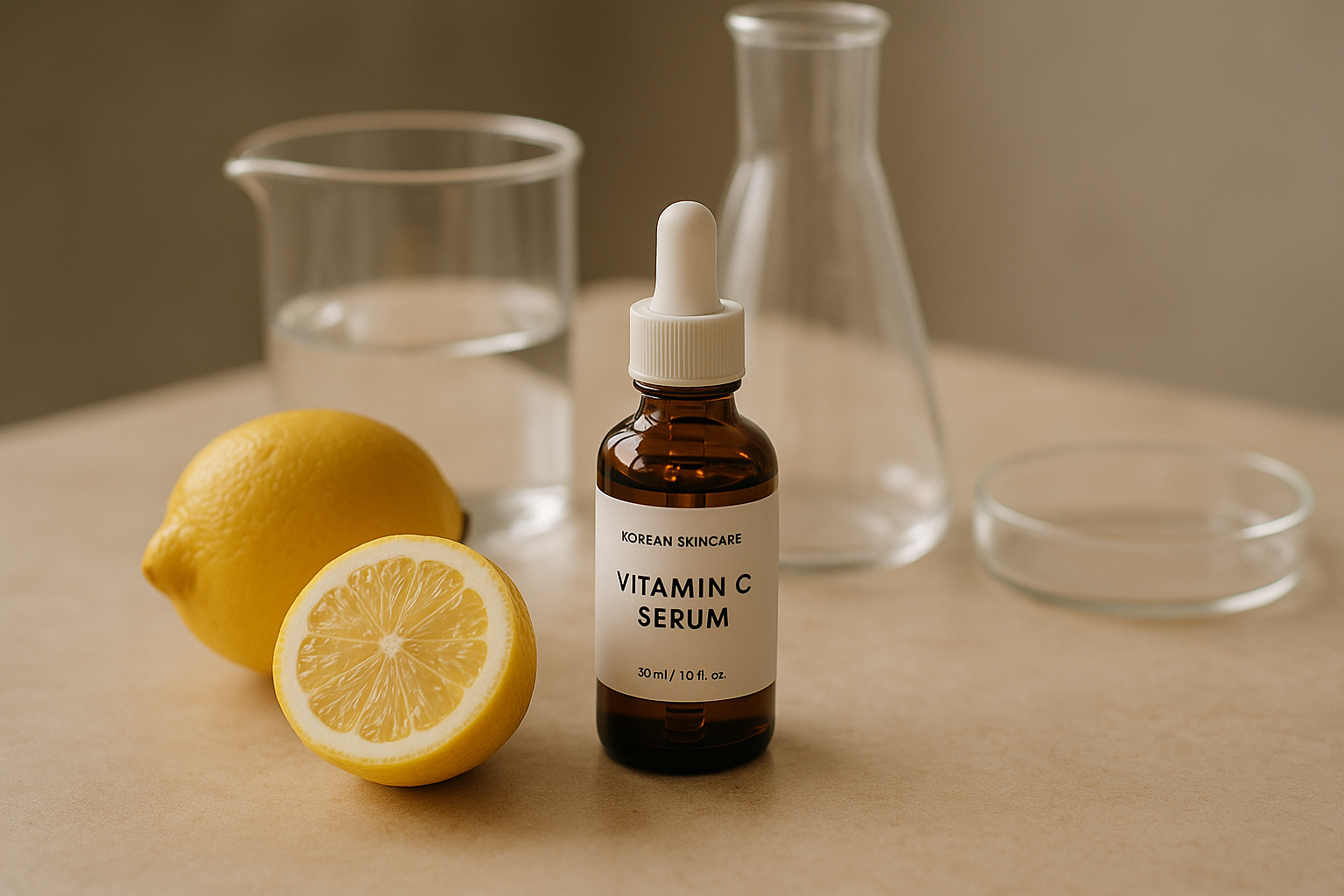 alt_text : Table élégante avec skincare coréen vitamine C, citrons et éléments en verre transparent.