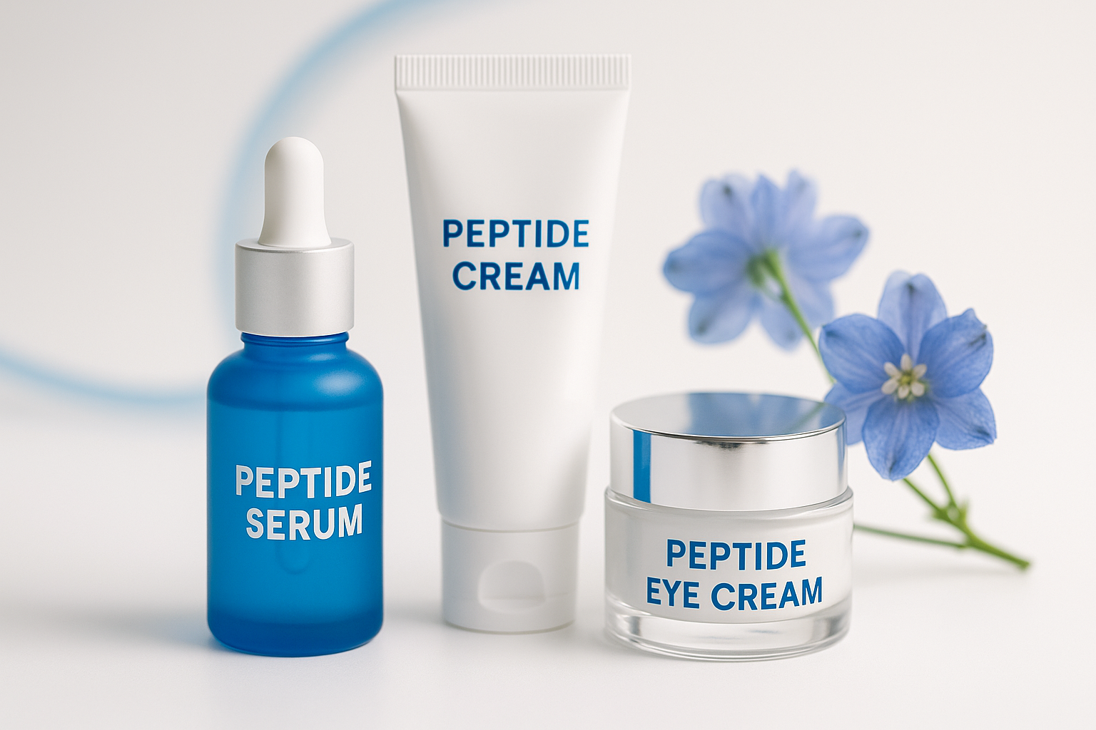 alt_text : Produits K-Beauty aux peptides, sur fond blanc épuré, avec touches de bleu, argent et fleurs.