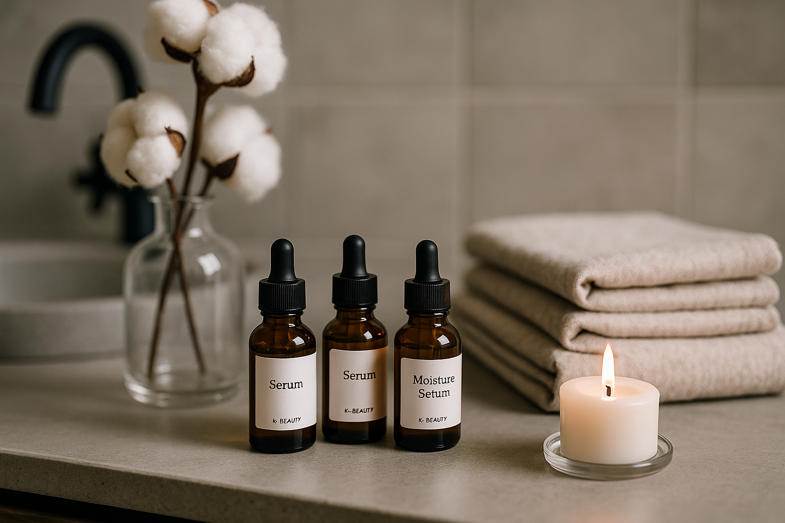 alt_text : Salle de bains moderne avec sérums coréens, vase de coton, serviettes en lin, bougie allumée.