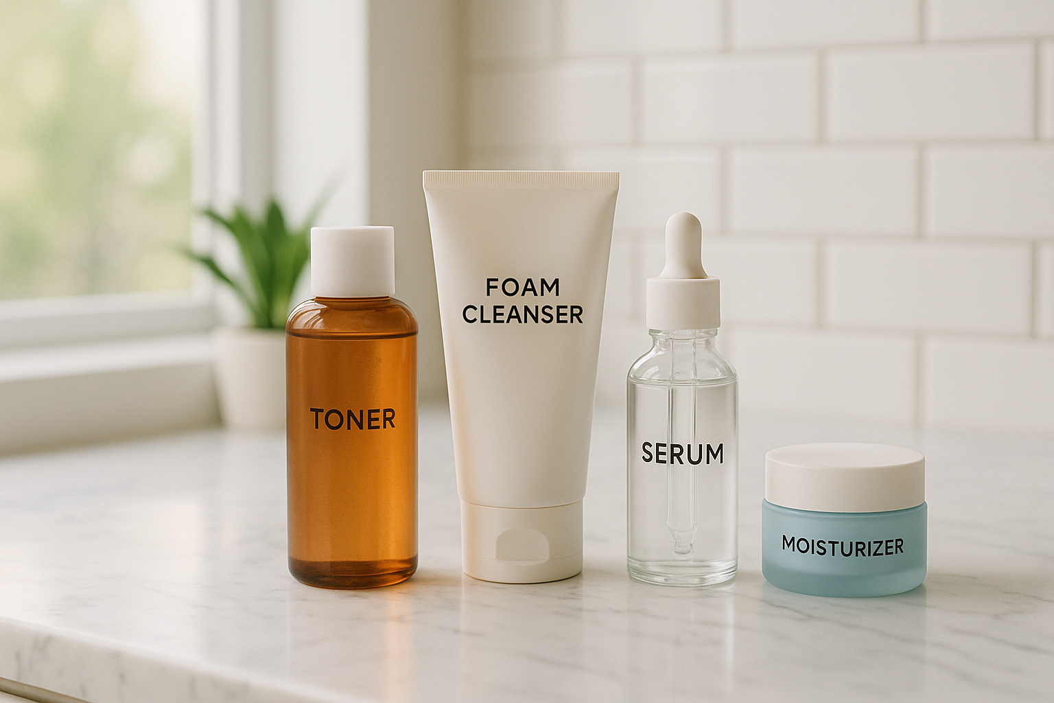 alt_text : Produits de soins coréens sur un comptoir blanc en marbre dans une salle de bain lumineuse et moderne.