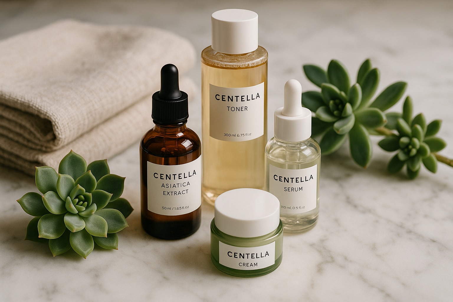 alt_text : Produits K-Beauty à base de Centella Asiatica sur marbre, entourés de succulentes et serviettes en lin.