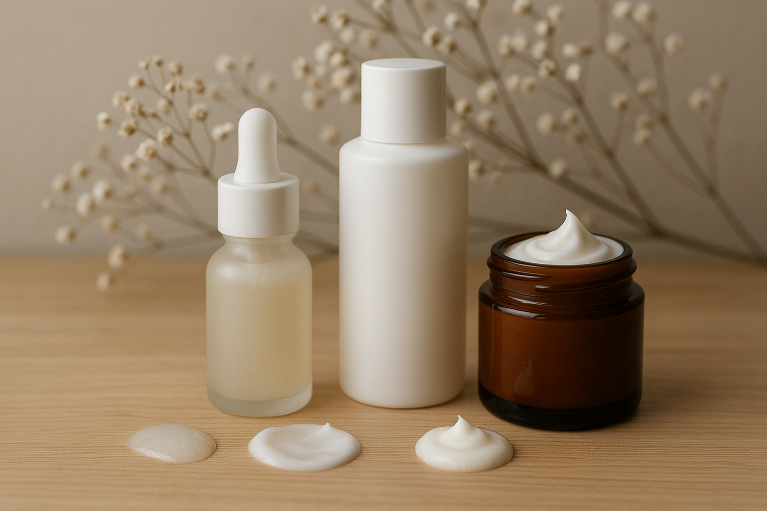 alt_text: Flacons de skincare élégants et textures visibles, ambiance minimaliste avec gypsophiles en fond.