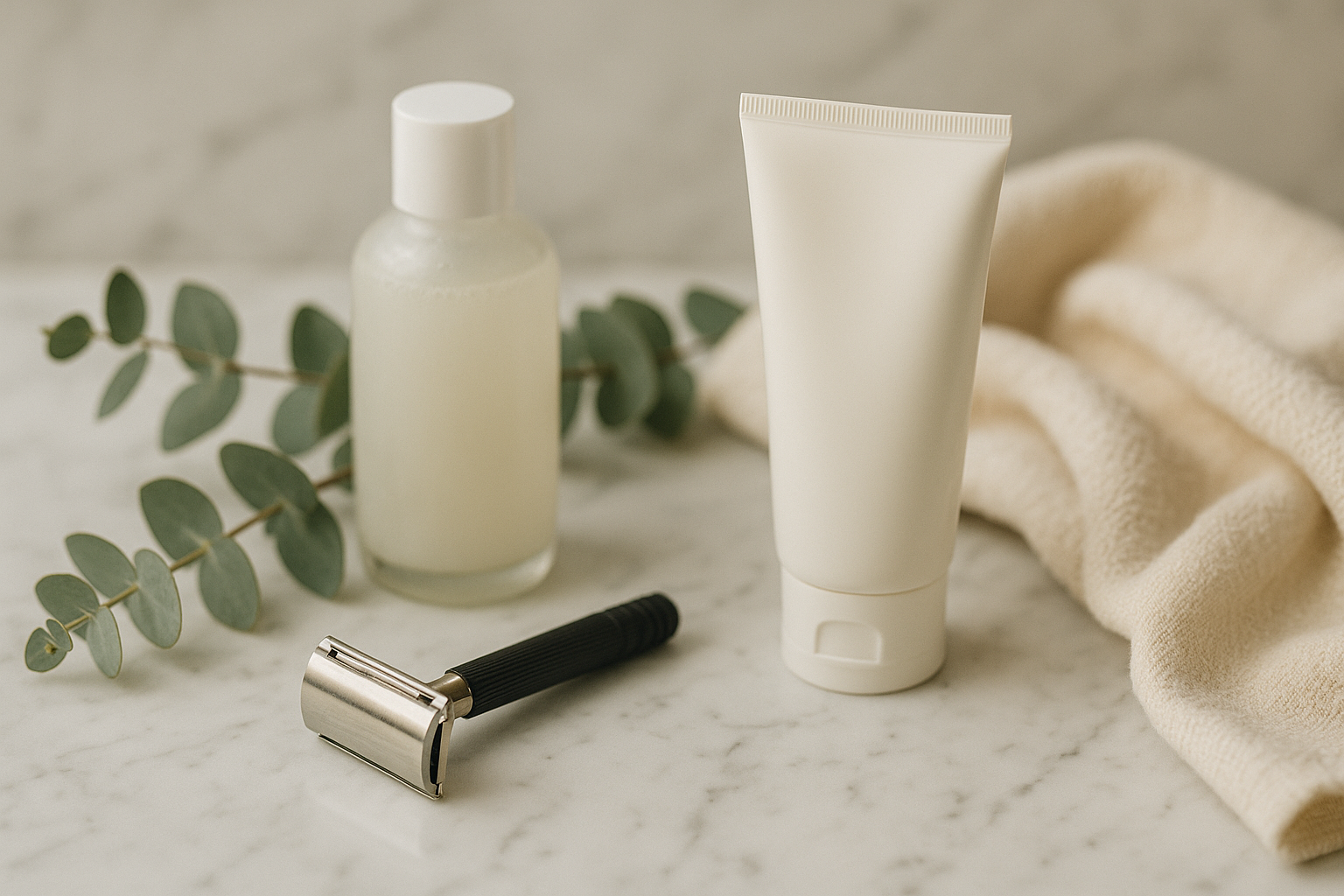 alt_text : Comptoir en marbre blanc avec produits de soins coréens, eucalyptus, et tissu crème, ambiance apaisante.