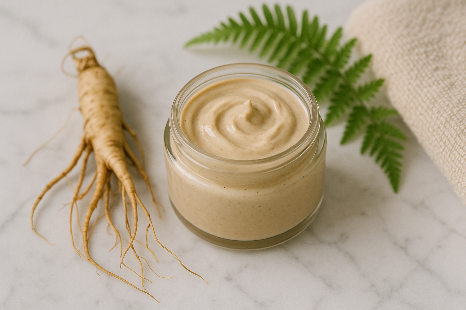 alt_text : Masque au ginseng sur marbre blanc avec racines, fougère et serviette beige, atmosphère revitalisante.