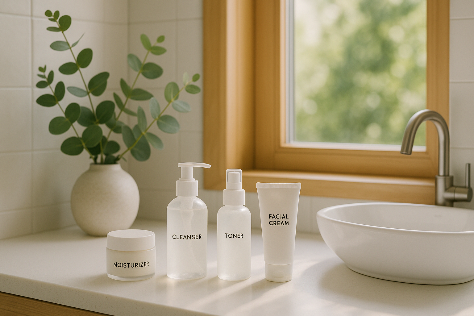 alt_text: Salle de bain moderne et lumineuse, produits coréens minimalistes, nature et bien-être en harmonie.