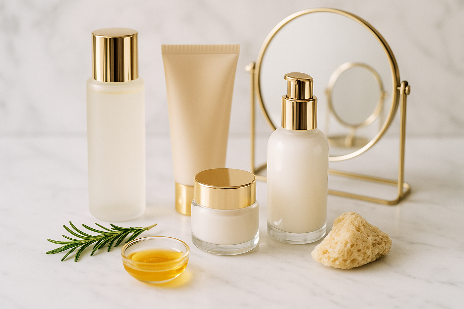alt_text : Élégante collection K-beauty sur marbre blanc avec accents dorés, miroirs et ingrédients naturels.