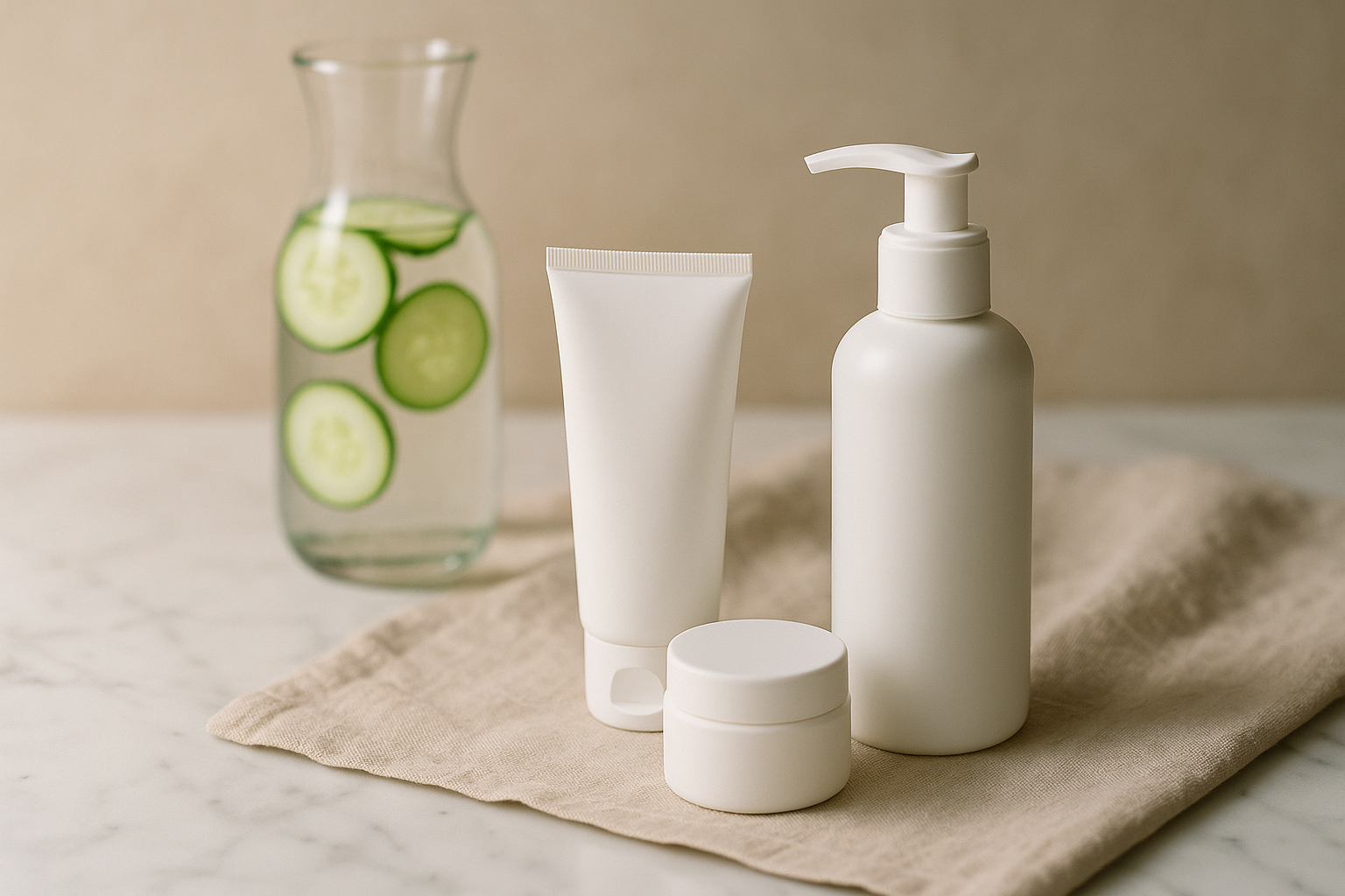 alt_text : Espace apaisant avec produits coréens sur marbre, nappe beige et carafe de concombre.