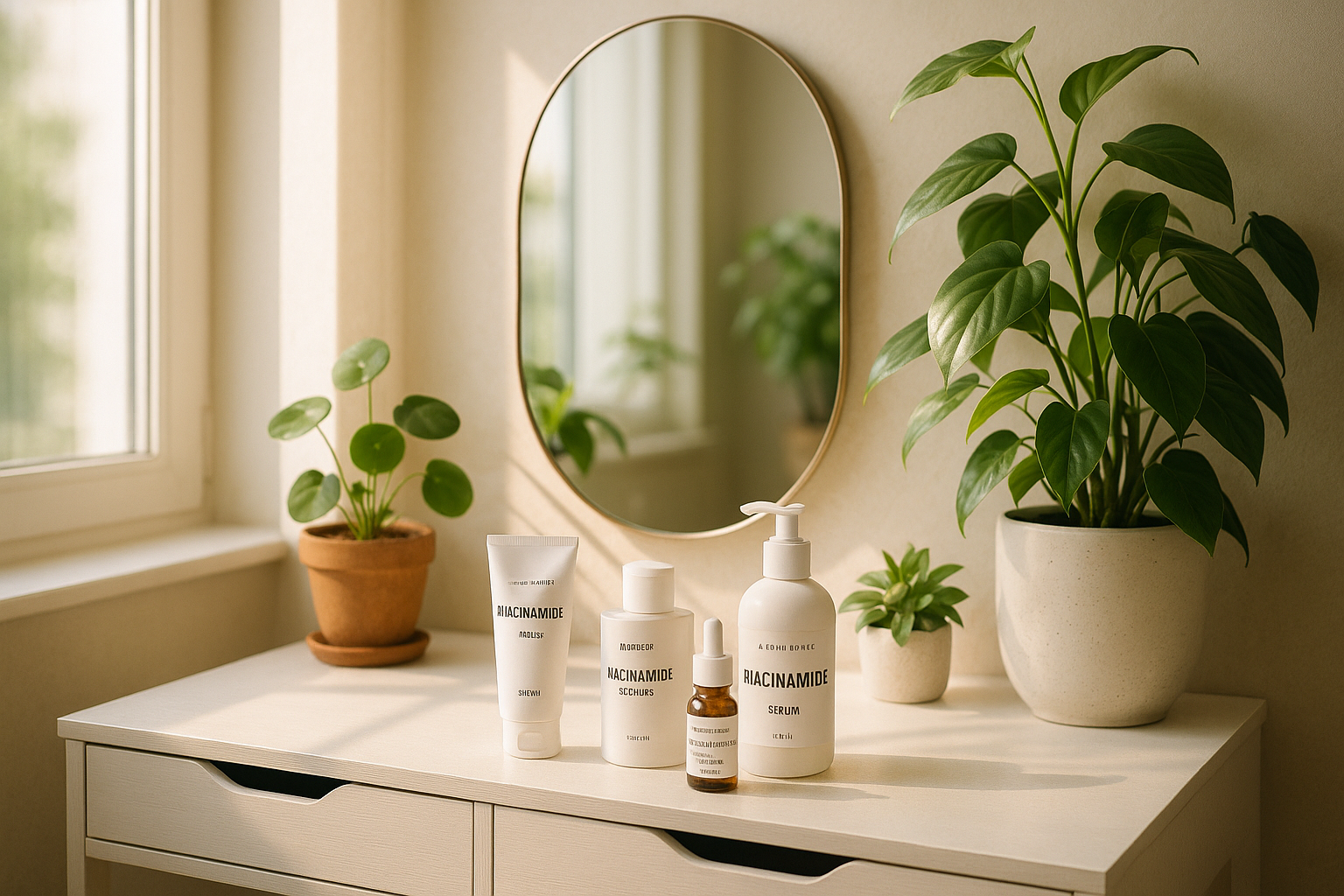 alt_text : Coiffeuse moderne baignée de lumière avec soins coréens à la niacinamide, plantes et miroir ovale.