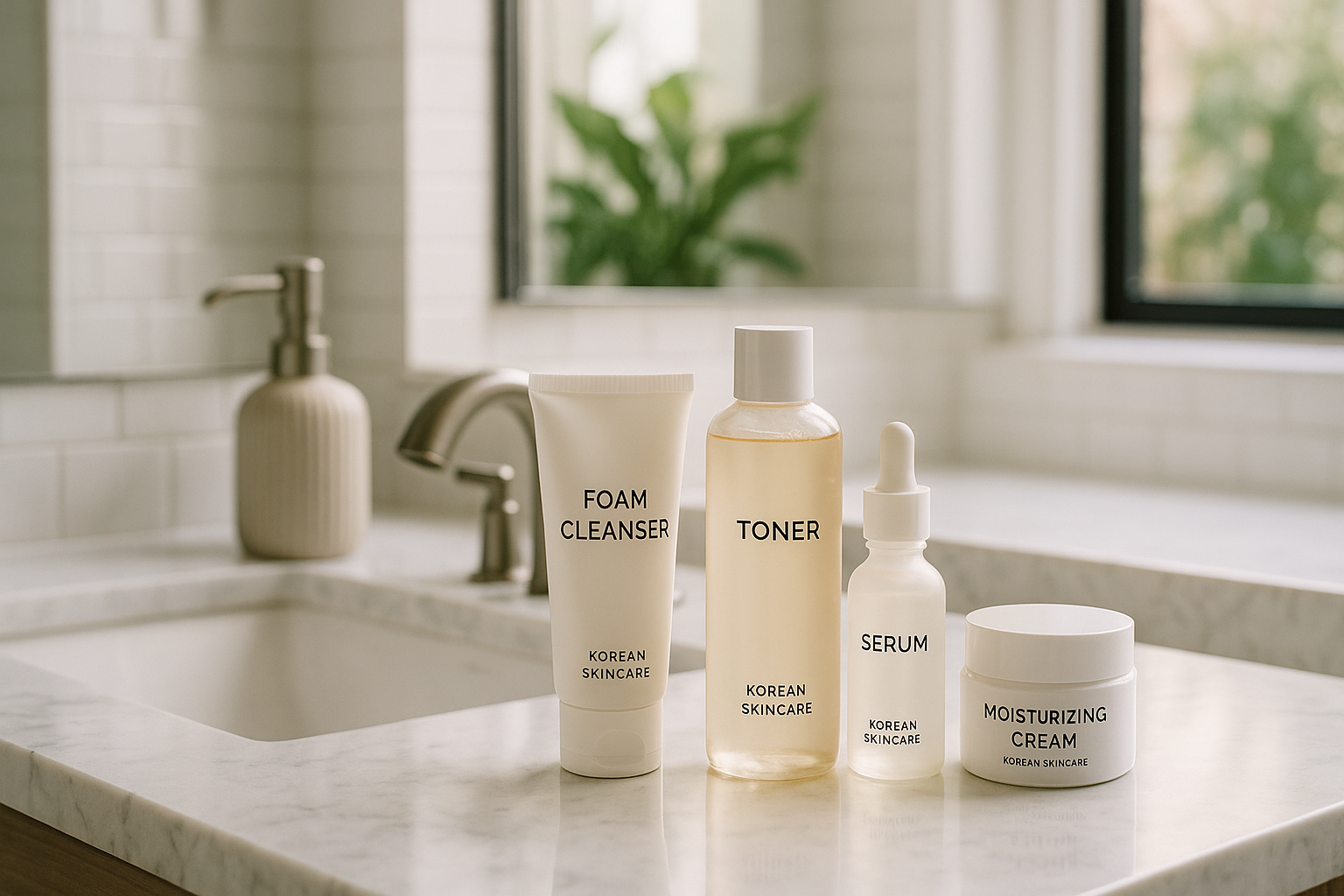 alt_text : Salle de bain moderne et lumineuse avec des produits de skincare coréens sur un comptoir en marbre.