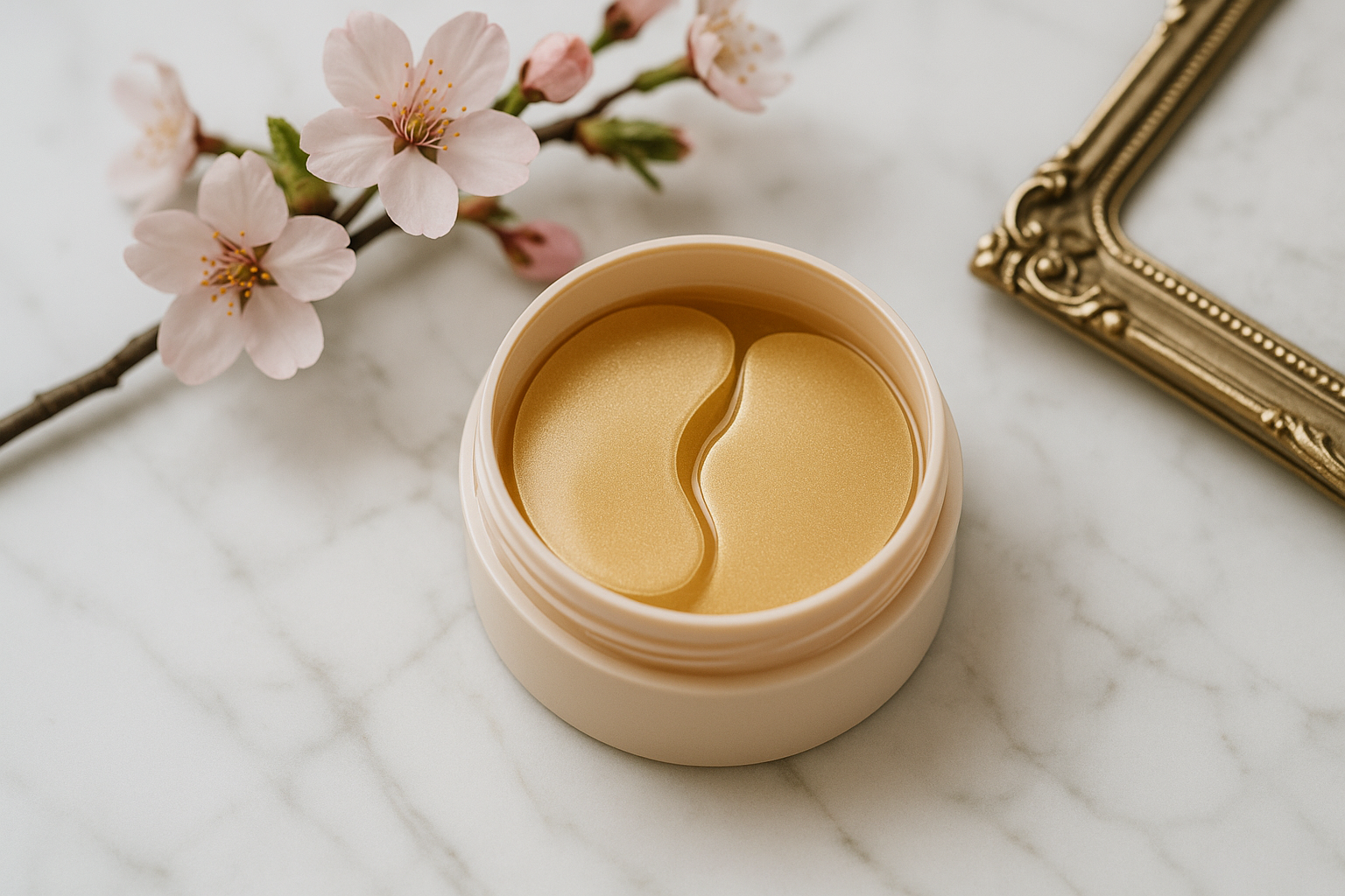 alt_text : Espace élégant avec patches coréens sur marbre blanc, fleurs de cerisier et détails raffinés.