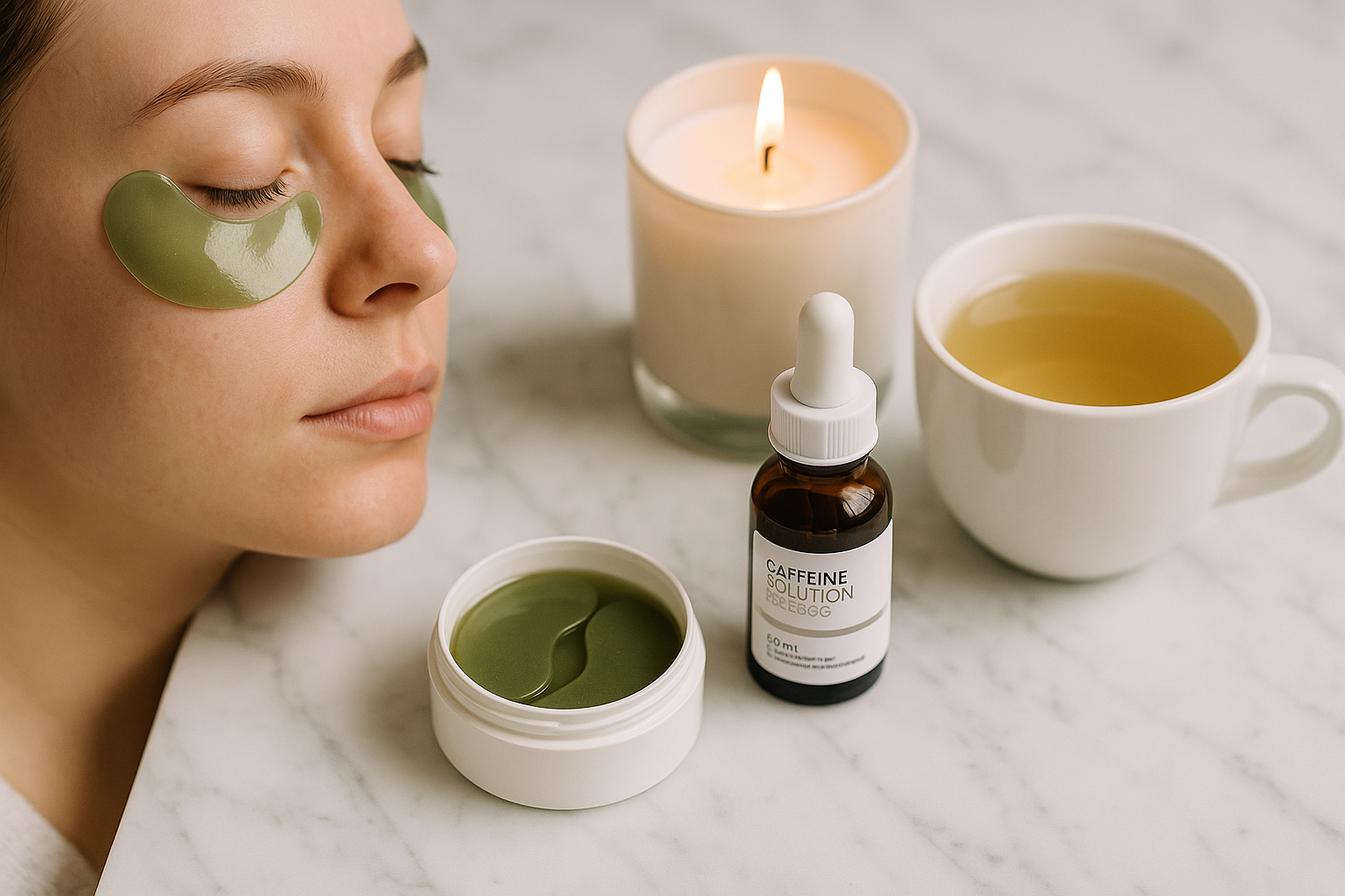 Moment de soin : masque yeux, thé vert, sérum caféine sur marbre blanc avec bougie relaxante.