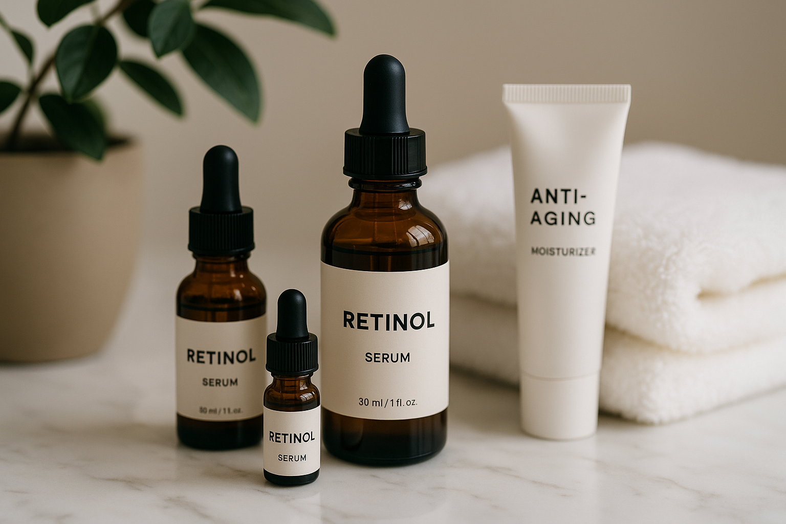 alt_text : Trousse anti-âge minimaliste avec flacons de rétinol sur marbre, serviette moelleuse et plante.