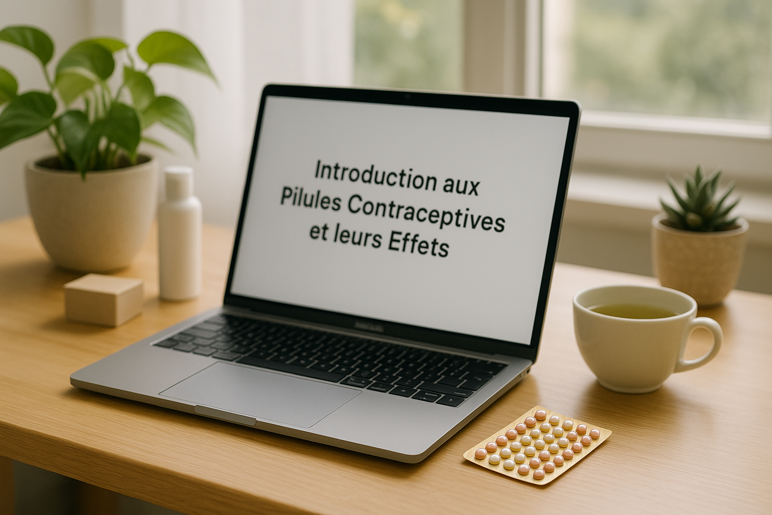 alt_text : Espace de travail lumineux avec laptop, soins coréens, plantes, et thé vert, ambiance apaisante.