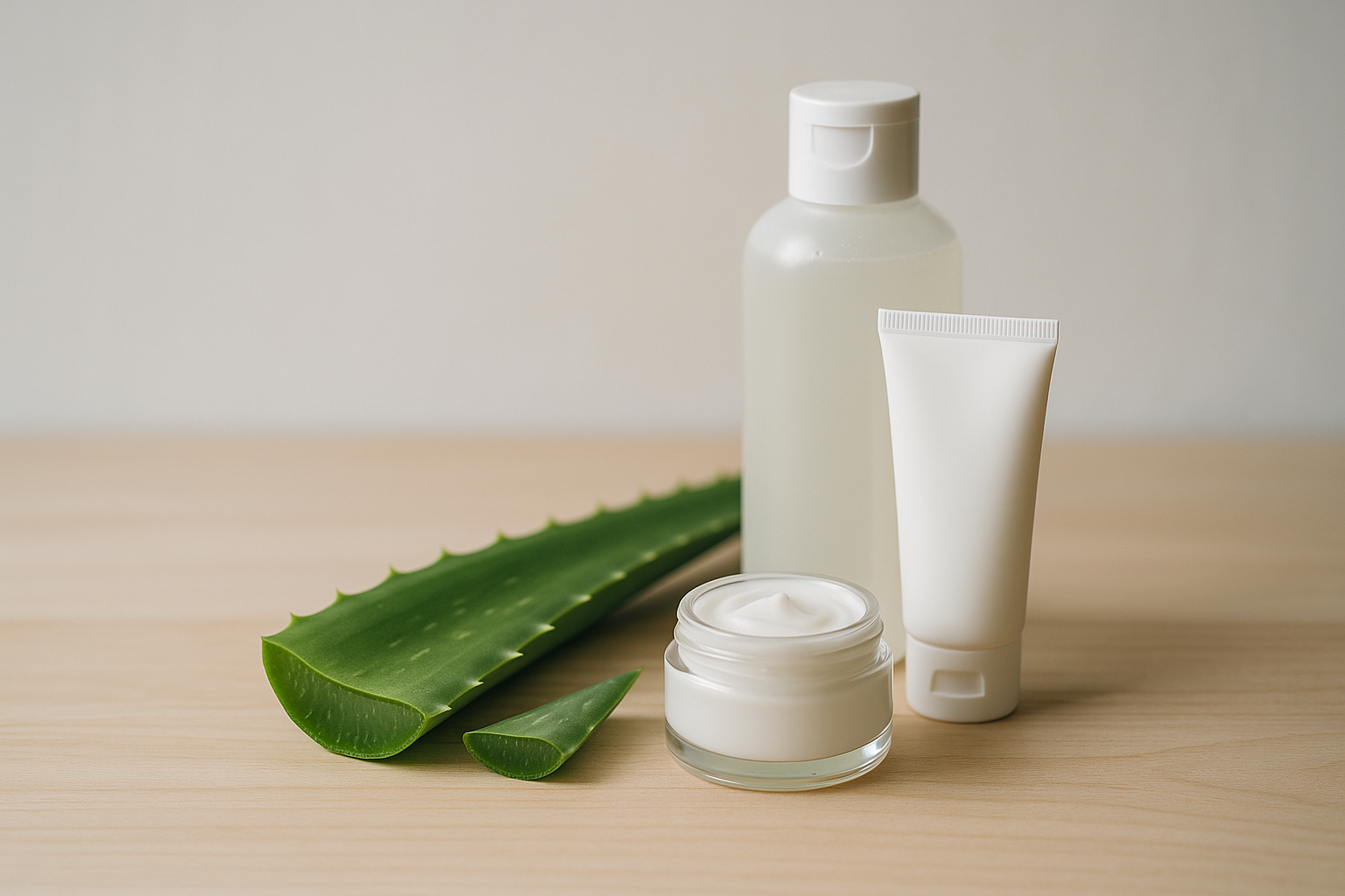 alt_text : Scène minimaliste de soins, avec aloe vera et crèmes sur bois clair, évoquant pureté et apaisement.
