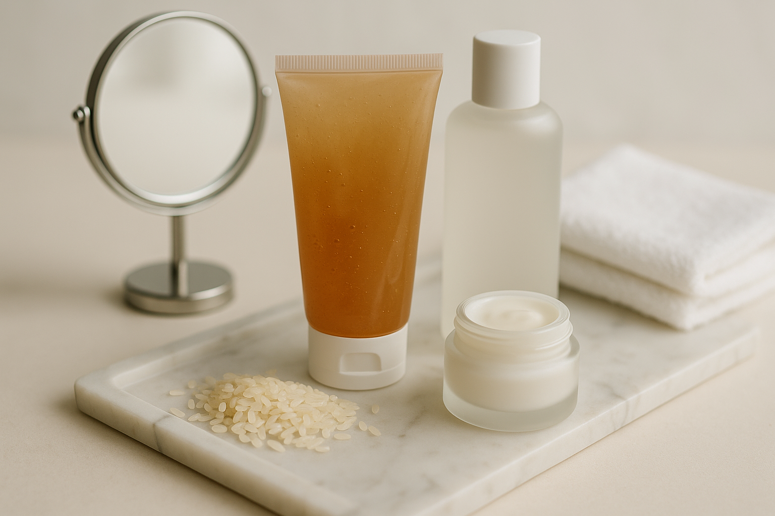 alt_text : Scène épurée de produits K-beauty, palette douce, sur plateau marbré avec riz, miroir, serviette blanche.