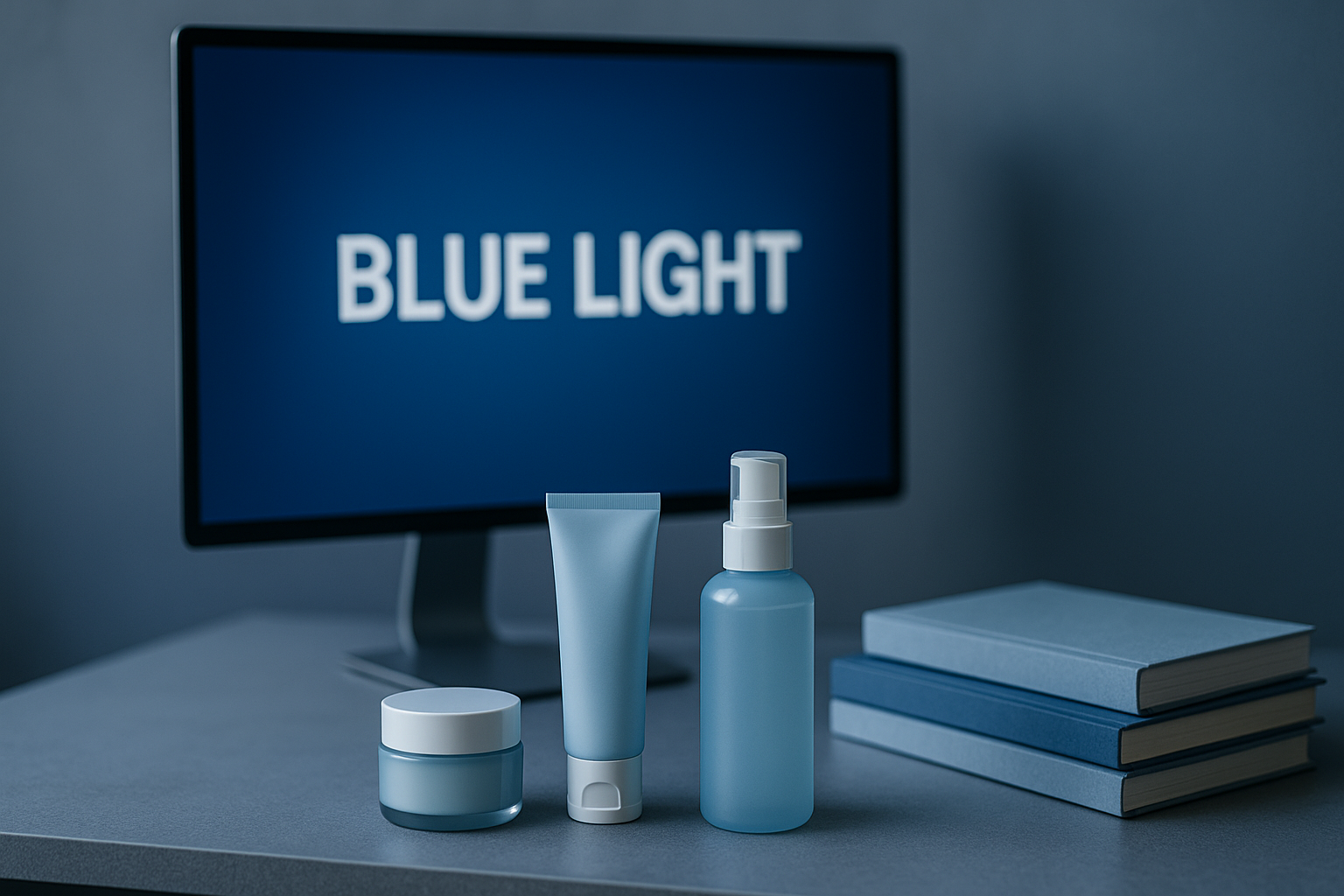 alt_text : Espace de travail moderne avec produits skincare, écran d'ordinateur et livres, tons bleus et gris.