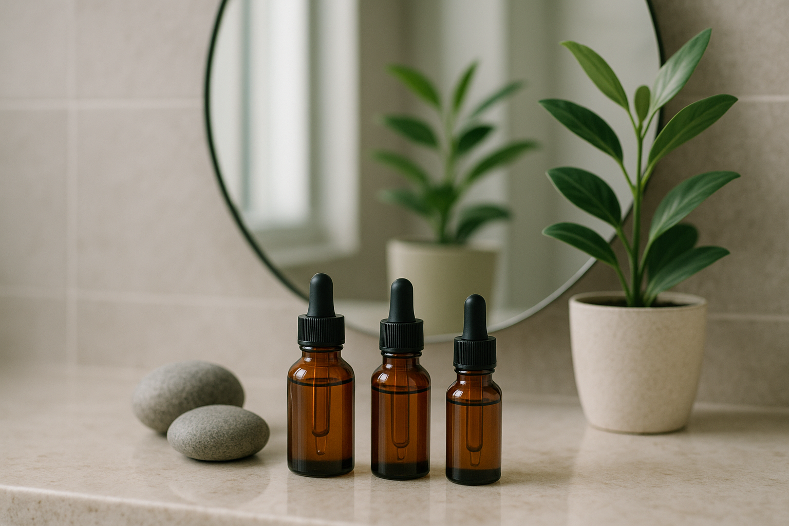 alt_text : Salle de bain moderne avec sérums, galets, plante et miroir, reflétant sérénité et sophistication.