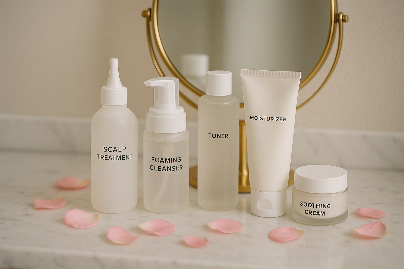 Vanité en marbre blanc avec produits de soin coréens minimalistes, miroir doré, et pétales.