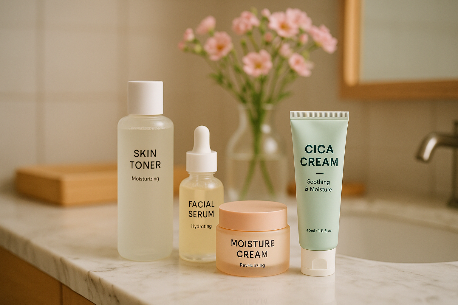 alt_text : Salle de bain moderne, produits skincare coréens sur marbre, pastels, bois clair et fleurs.