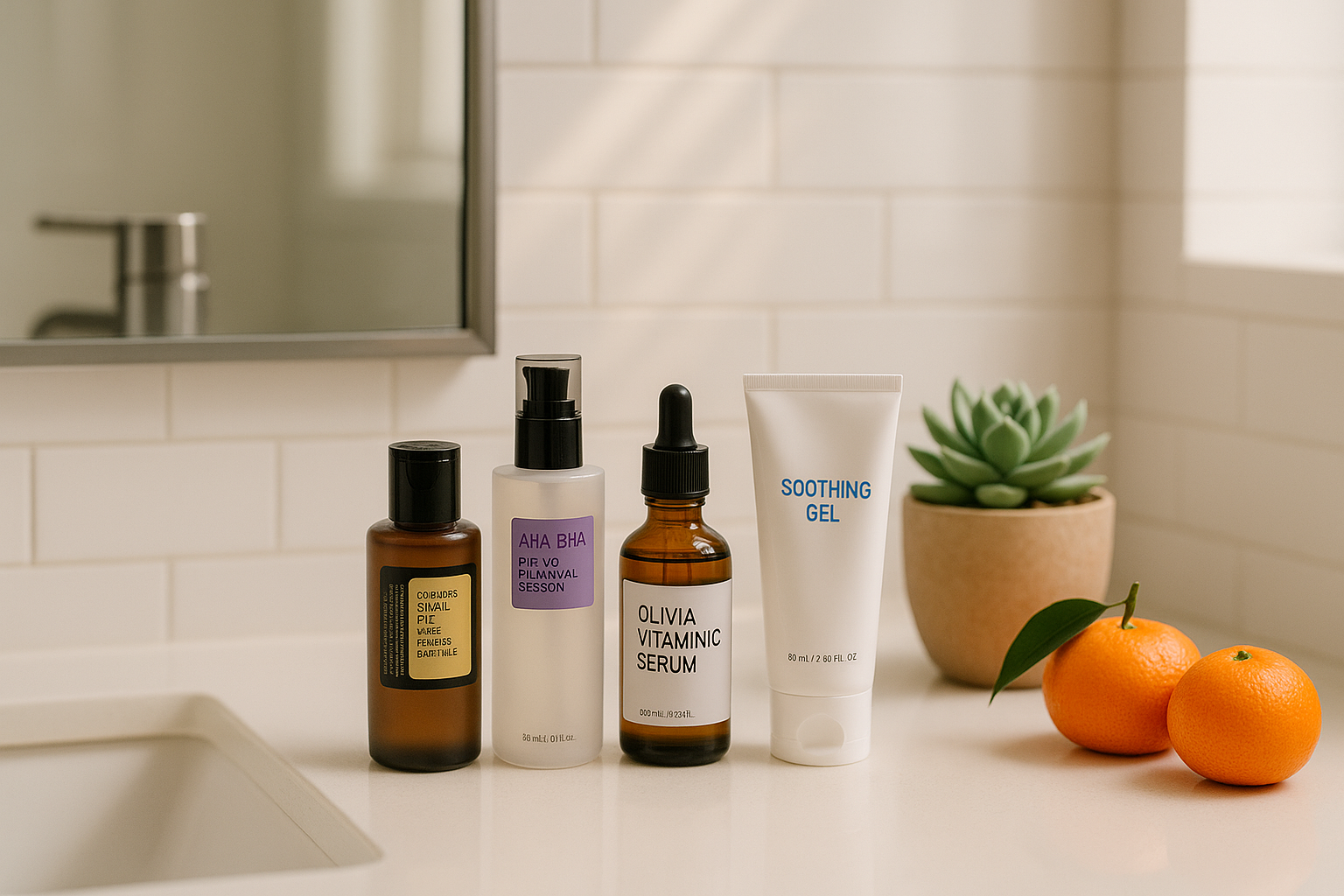 alt_text : Salle de bains moderne lumineuse avec produits de soin coréens, succulente et mandarines sur le comptoir.