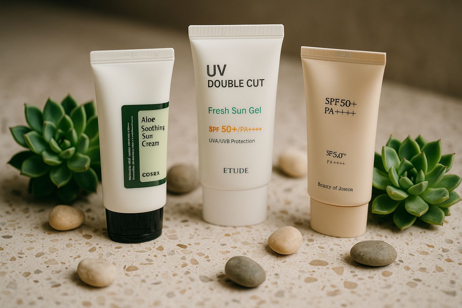alt_text : Crèmes solaires coréennes sur terrazzo, avec succulentes et cailloux, pour une touche naturelle.