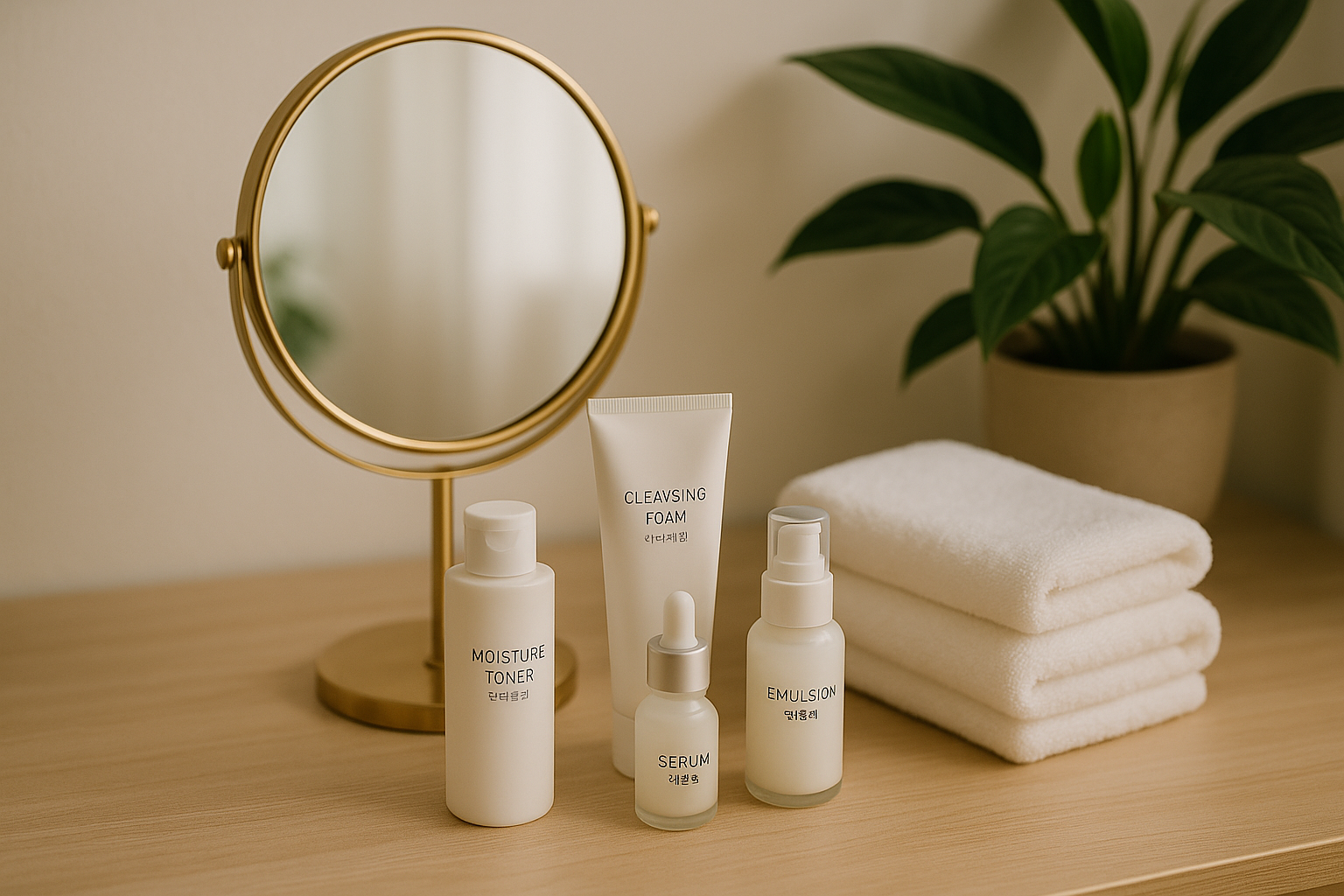 alt_text : Coiffeuse moderne et épurée avec produits coréens, miroir doré, serviettes blanches et plante verte.